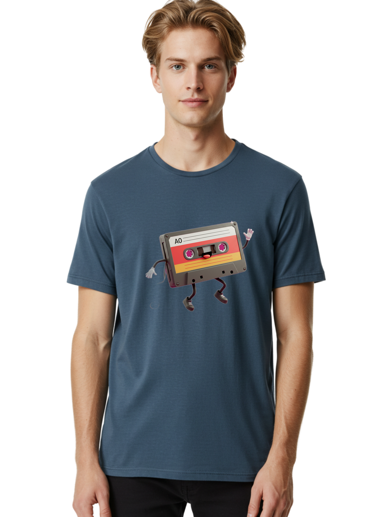 Ao-Cassette Men'S Graphic Tee, 100% Cotton, Comfortable Casual Summer Wear, Machine Washable, Retro Cassette Tape, Character Design, Anthropomorphic Object, Music Nostalgia, Vintage Technology, 80S And 90S Memorabilia, Funky Illustration, Baa136