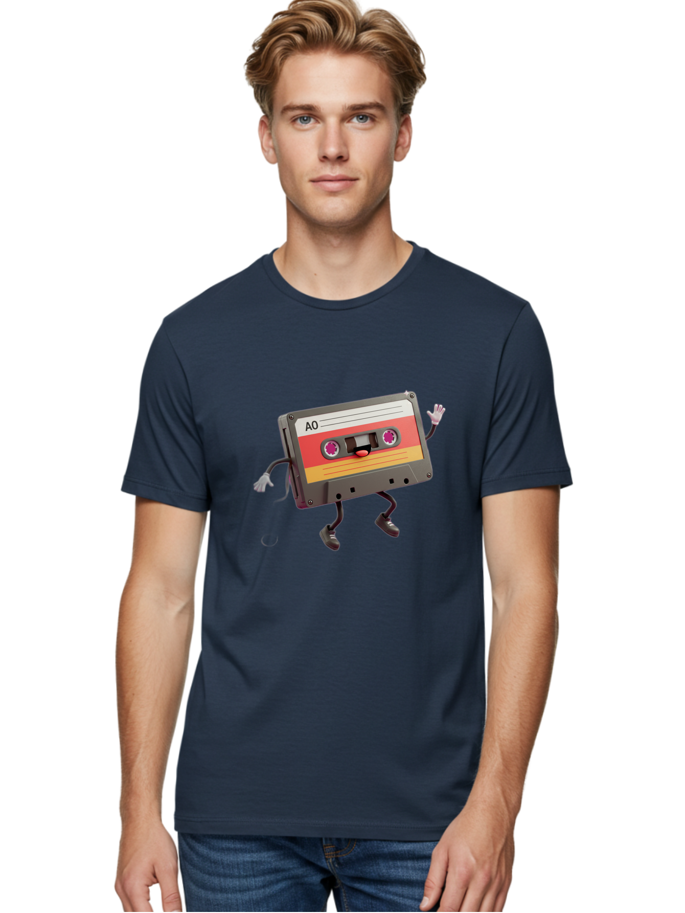 Ao-Cassette Men'S Graphic Tee, 100% Cotton, Comfortable Casual Summer Wear, Machine Washable, Retro Cassette Tape, Character Design, Anthropomorphic Object, Music Nostalgia, Vintage Technology, 80S And 90S Memorabilia, Funky Illustration, Baa136