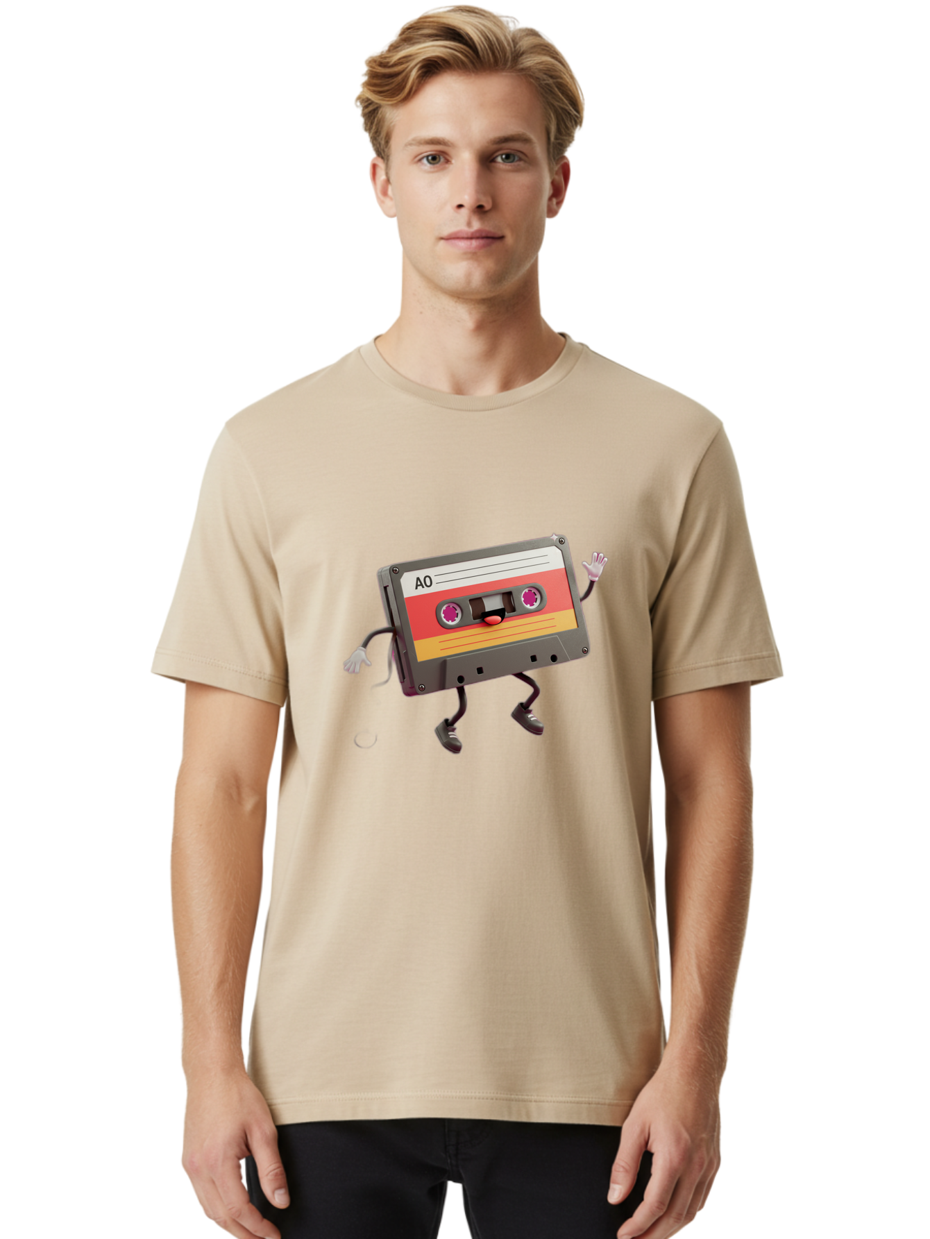 Ao-Cassette Men'S Graphic Tee, 100% Cotton, Comfortable Casual Summer Wear, Machine Washable, Retro Cassette Tape, Character Design, Anthropomorphic Object, Music Nostalgia, Vintage Technology, 80S And 90S Memorabilia, Funky Illustration, Baa136