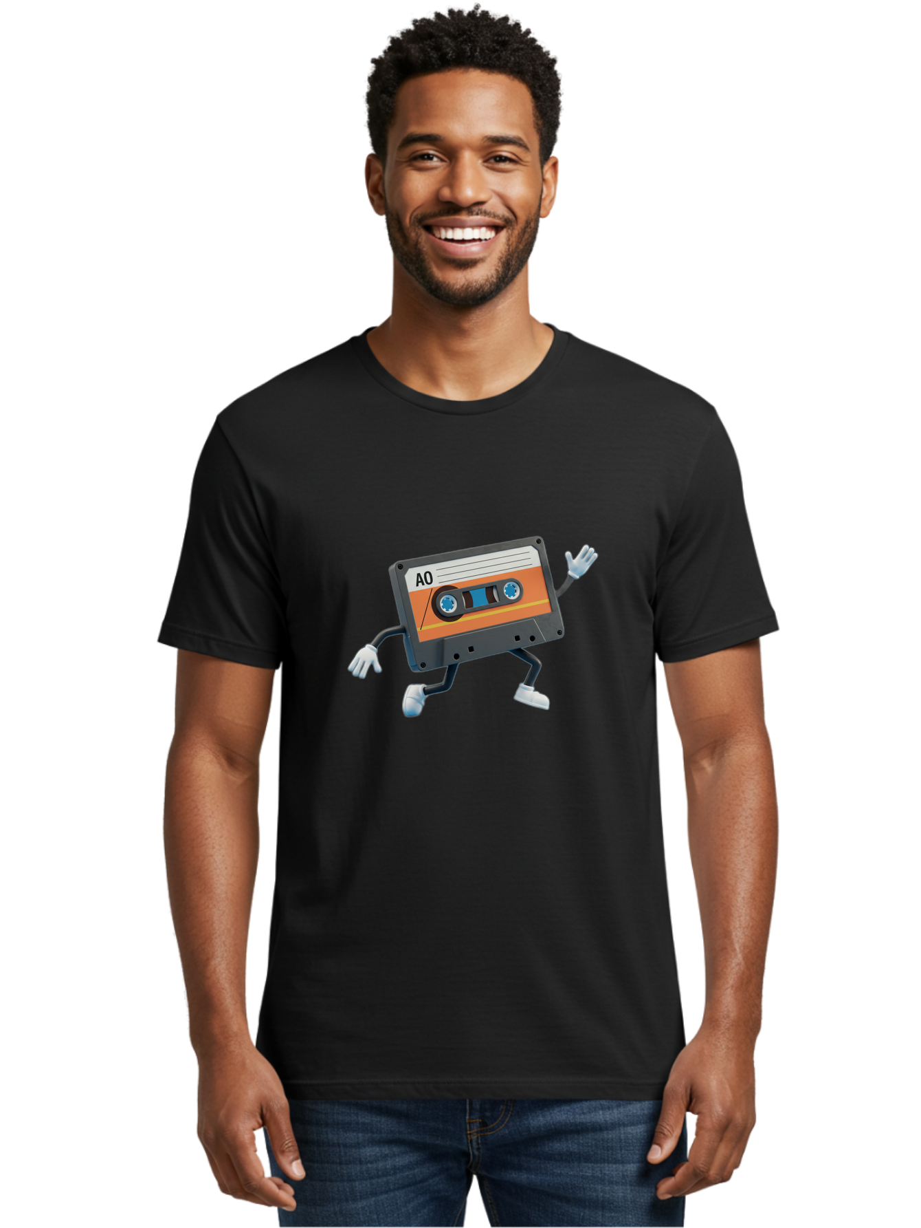 Ao-Mixtape Men'S Graphic Tee, 100% Cotton, Comfortable Casual Summer Wear, Machine Washable, Cartoon Cassette Tape, Vintage Music, Retro Technology, Orange Label, Ao Label, Black Plastic, White Gloves, Dancing Cassette, Funny Character, Baa137