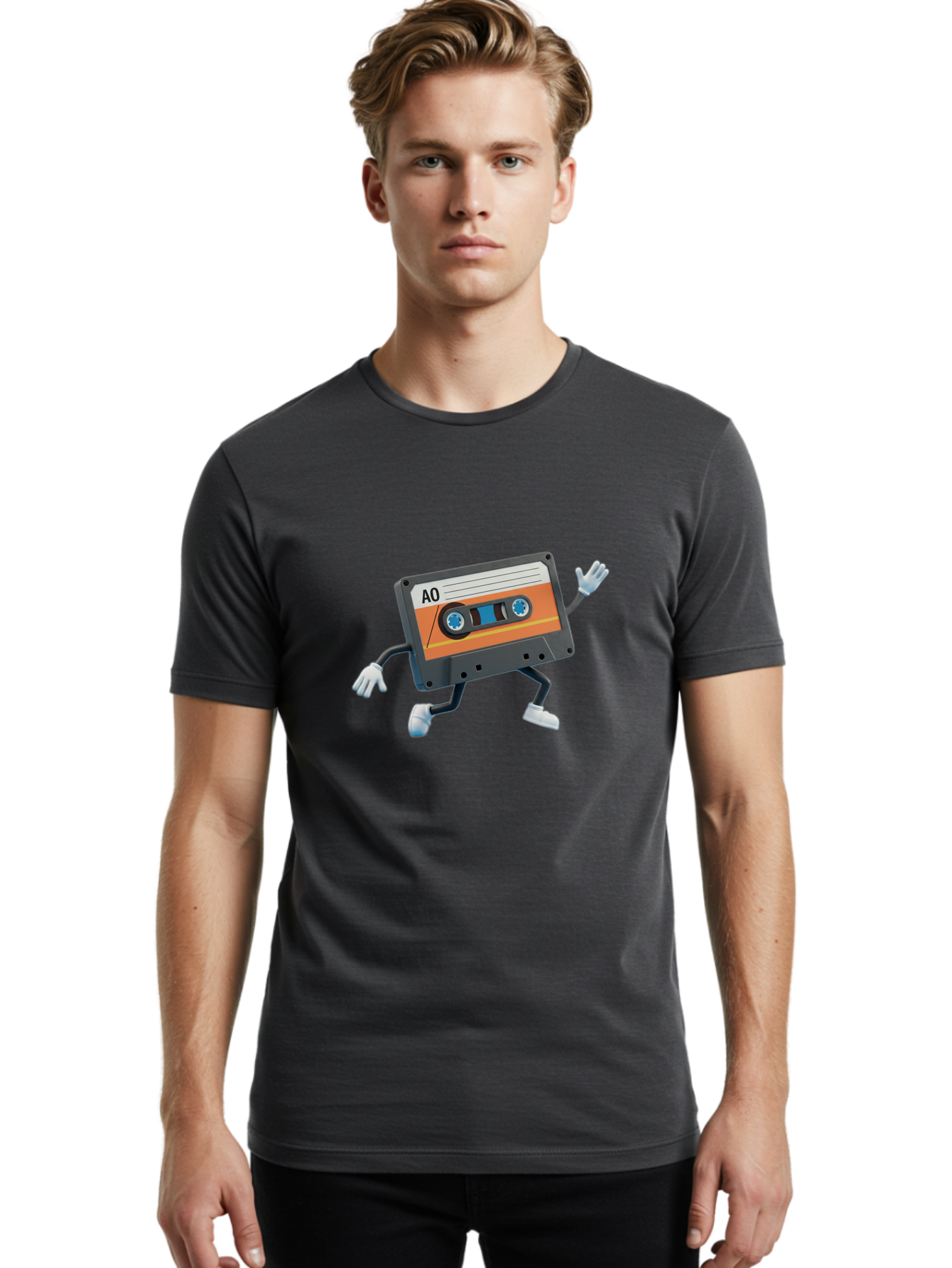 Ao-Mixtape Men'S Graphic Tee, 100% Cotton, Comfortable Casual Summer Wear, Machine Washable, Cartoon Cassette Tape, Vintage Music, Retro Technology, Orange Label, Ao Label, Black Plastic, White Gloves, Dancing Cassette, Funny Character, Baa137