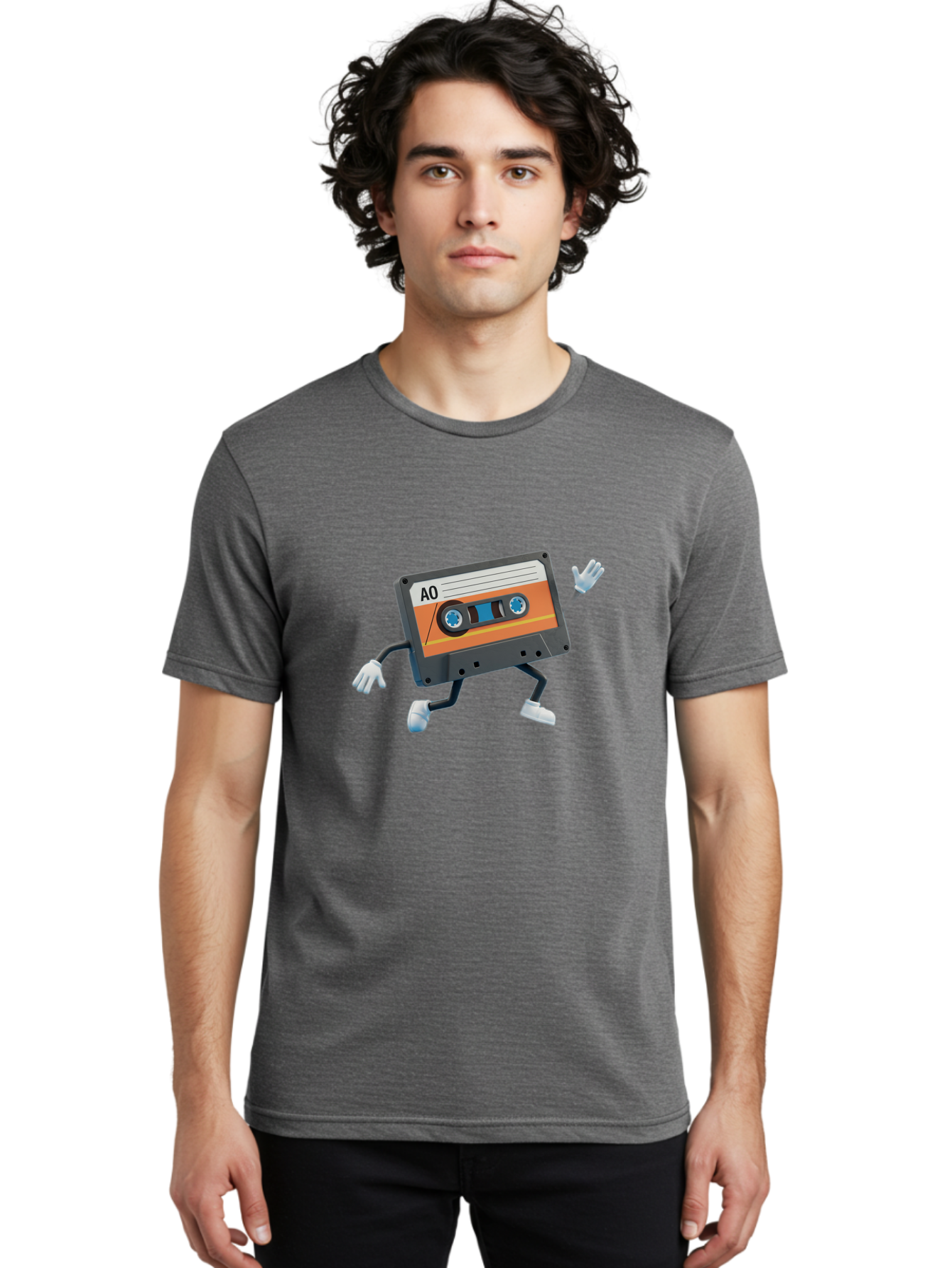 Ao-Mixtape Men'S Graphic Tee, 100% Cotton, Comfortable Casual Summer Wear, Machine Washable, Cartoon Cassette Tape, Vintage Music, Retro Technology, Orange Label, Ao Label, Black Plastic, White Gloves, Dancing Cassette, Funny Character, Baa137