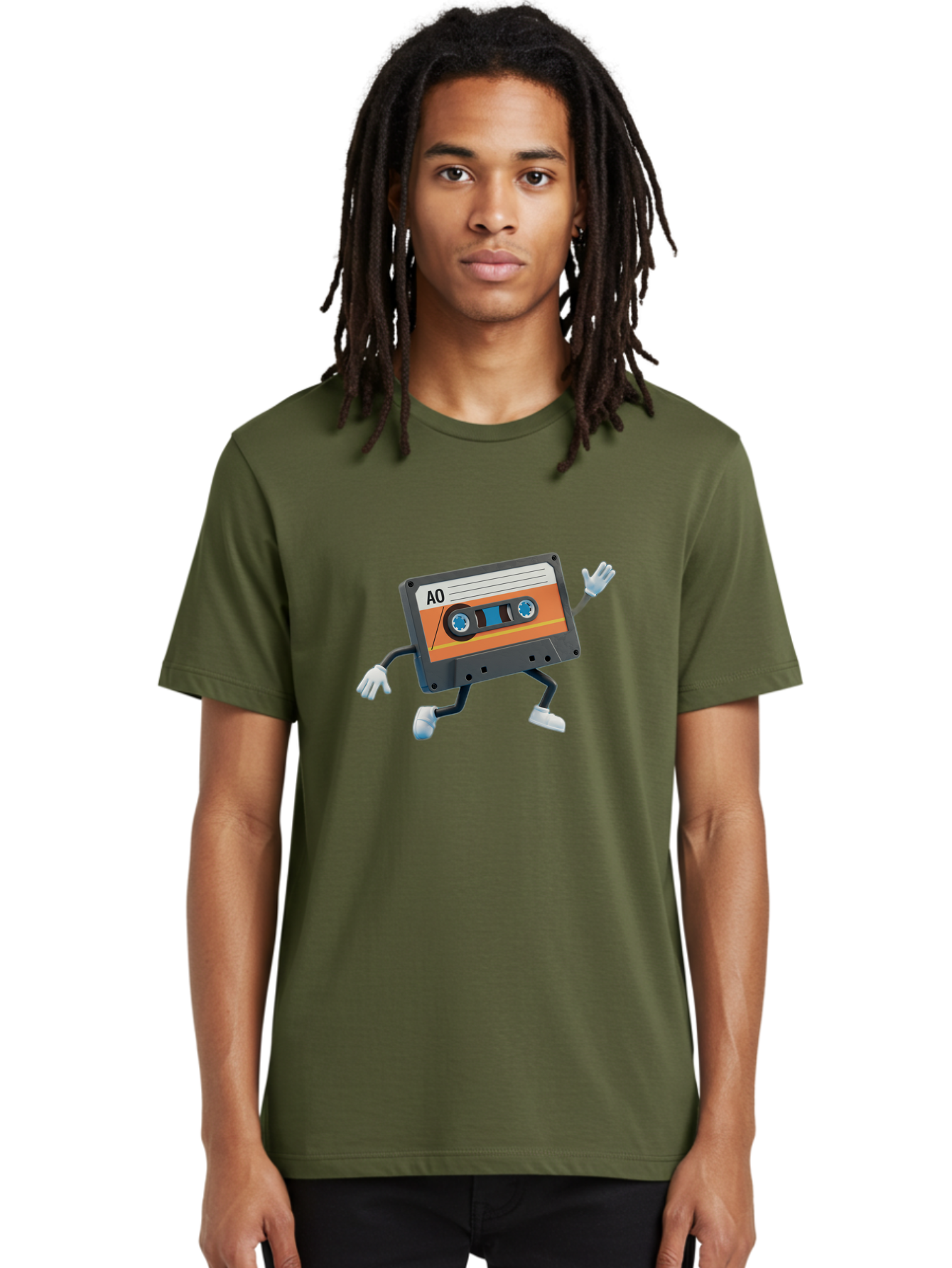 Ao-Mixtape Men'S Graphic Tee, 100% Cotton, Comfortable Casual Summer Wear, Machine Washable, Cartoon Cassette Tape, Vintage Music, Retro Technology, Orange Label, Ao Label, Black Plastic, White Gloves, Dancing Cassette, Funny Character, Baa137