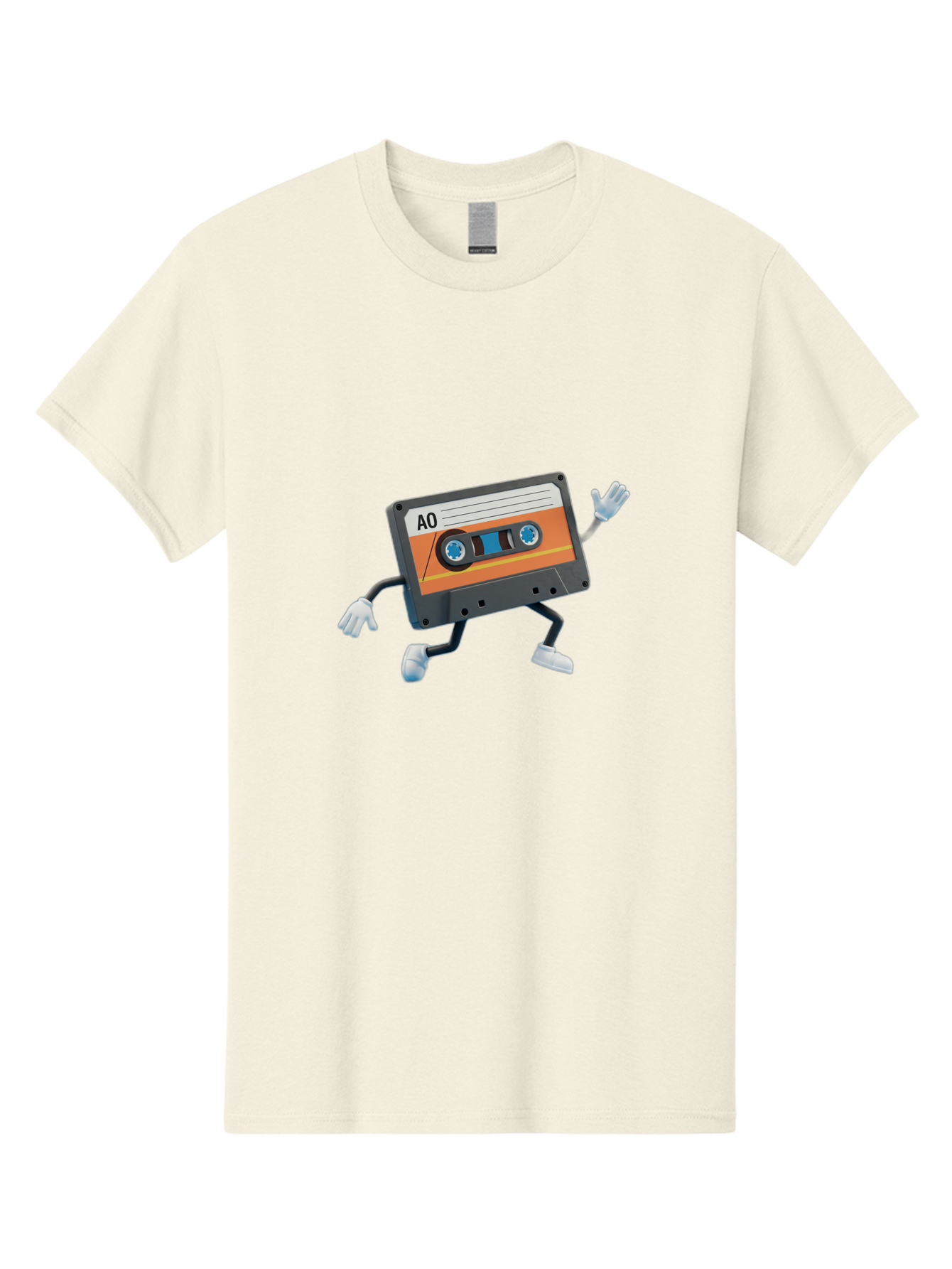 Ao-Mixtape Men'S Graphic Tee, 100% Cotton, Comfortable Casual Summer Wear, Machine Washable, Cartoon Cassette Tape, Vintage Music, Retro Technology, Orange Label, Ao Label, Black Plastic, White Gloves, Dancing Cassette, Funny Character, Baa137