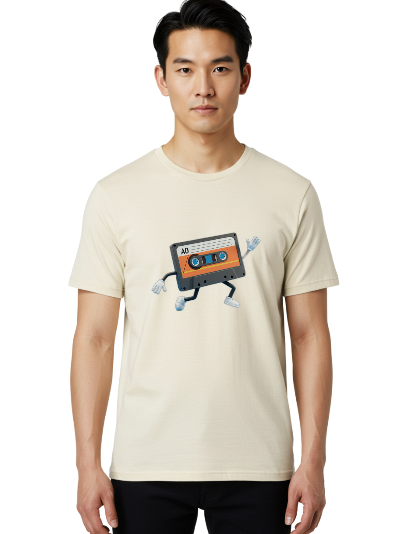 Ao-Mixtape Men'S Graphic Tee, 100% Cotton, Comfortable Casual Summer Wear, Machine Washable, Cartoon Cassette Tape, Vintage Music, Retro Technology, Orange Label, Ao Label, Black Plastic, White Gloves, Dancing Cassette, Funny Character, Baa137