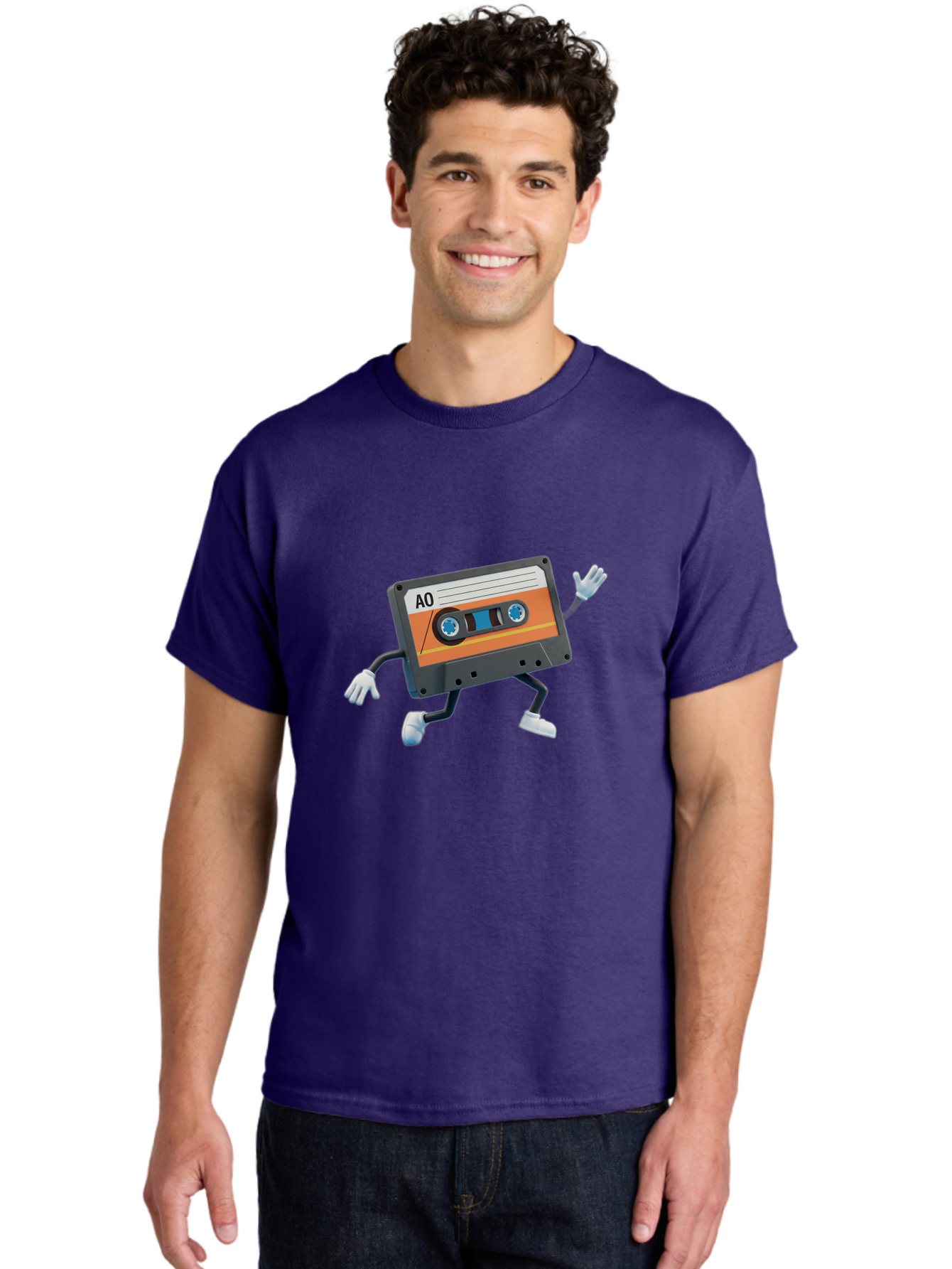 Ao-Mixtape Men'S Graphic Tee, 100% Cotton, Comfortable Casual Summer Wear, Machine Washable, Cartoon Cassette Tape, Vintage Music, Retro Technology, Orange Label, Ao Label, Black Plastic, White Gloves, Dancing Cassette, Funny Character, Baa137
