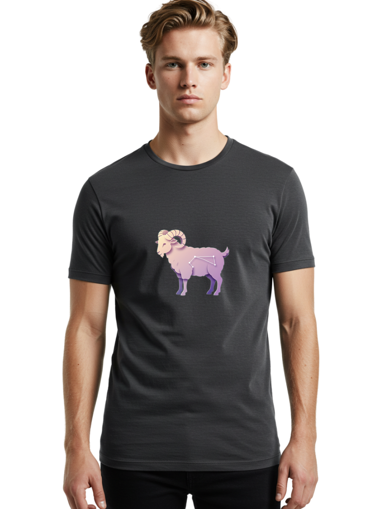Aries-Constellation-Goat Men'S Graphic Tee, 100% Cotton, Comfortable Casual Summer Wear, Machine Washable, Ram Constellation, Aries Zodiac Sign, Goat Symbolism, Astrology Illustration, Horoscope Graphics, Constellation Diagram, Zodiac Artwork Baa138