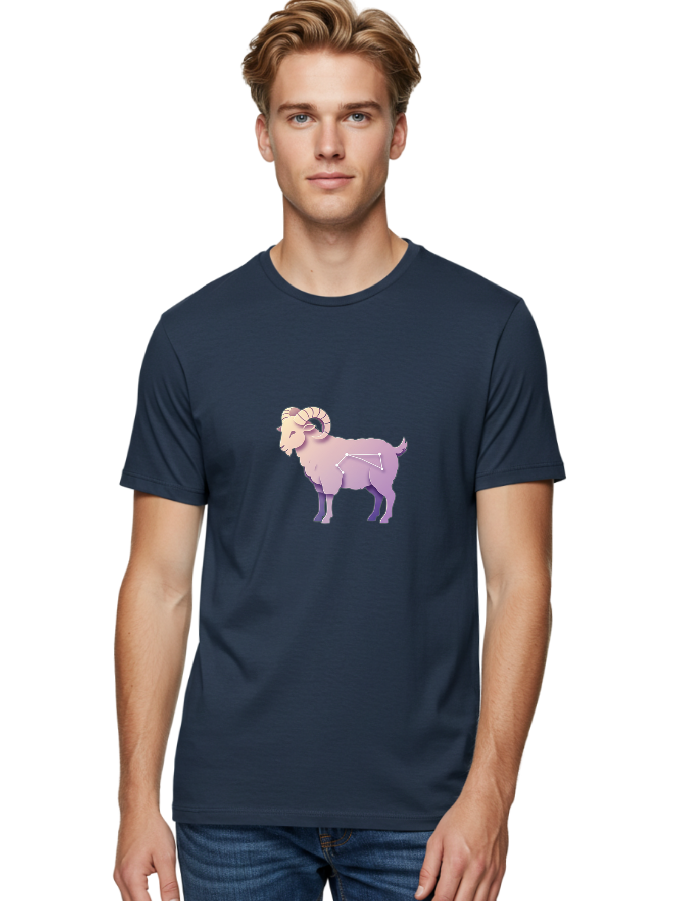Aries-Constellation-Goat Men'S Graphic Tee, 100% Cotton, Comfortable Casual Summer Wear, Machine Washable, Ram Constellation, Aries Zodiac Sign, Goat Symbolism, Astrology Illustration, Horoscope Graphics, Constellation Diagram, Zodiac Artwork Baa138