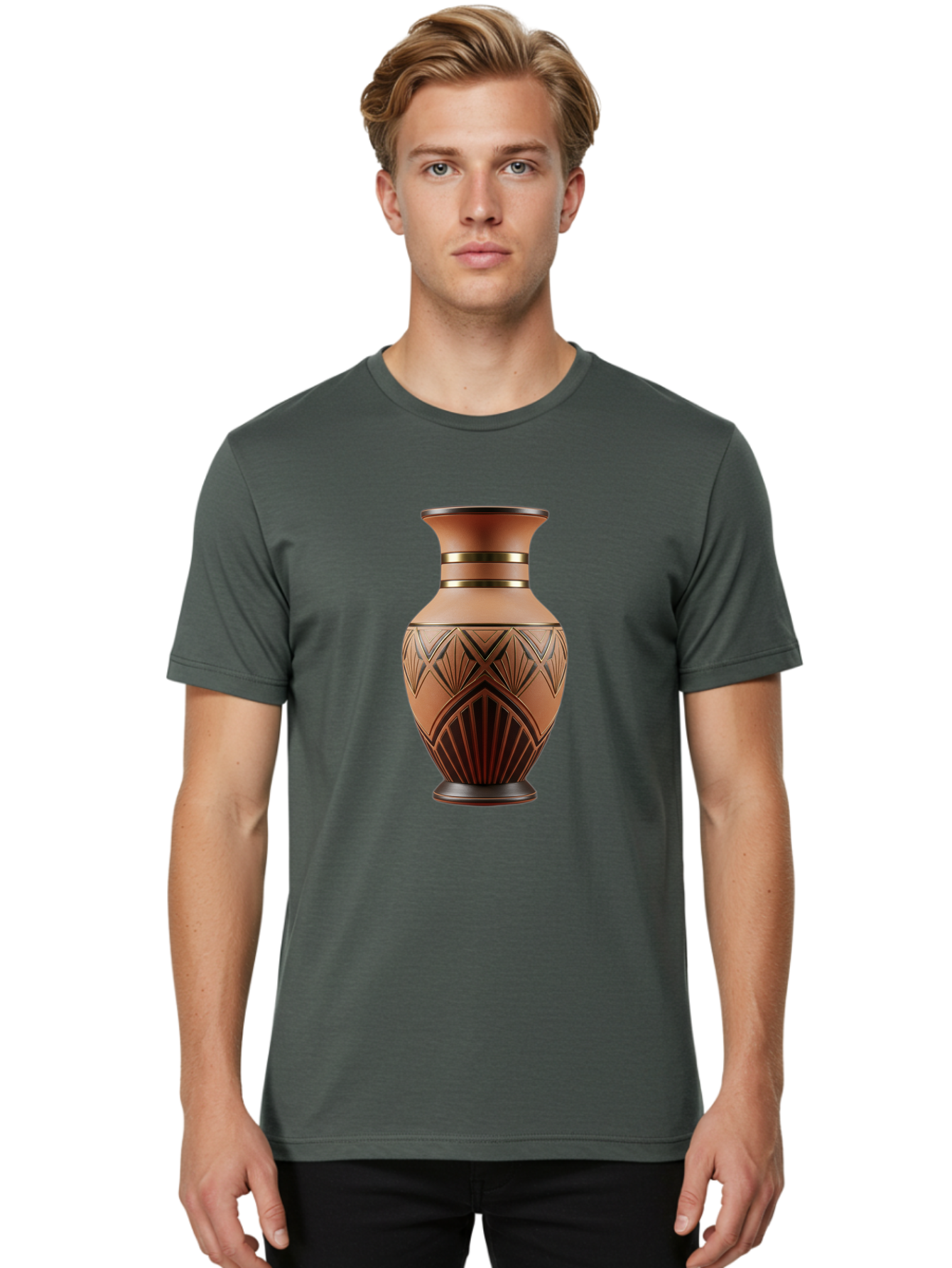 Art-Deco-Vase Men'S Graphic Tee, 100% Cotton, Comfortable Casual Summer Wear, Machine Washable, Copper Vase, Antique Vase, Decorative Vase, Geometric Patterns, Ornate Design, Vintage Decor, Luxury Home Decor, Elegant Interior Design, Baa139