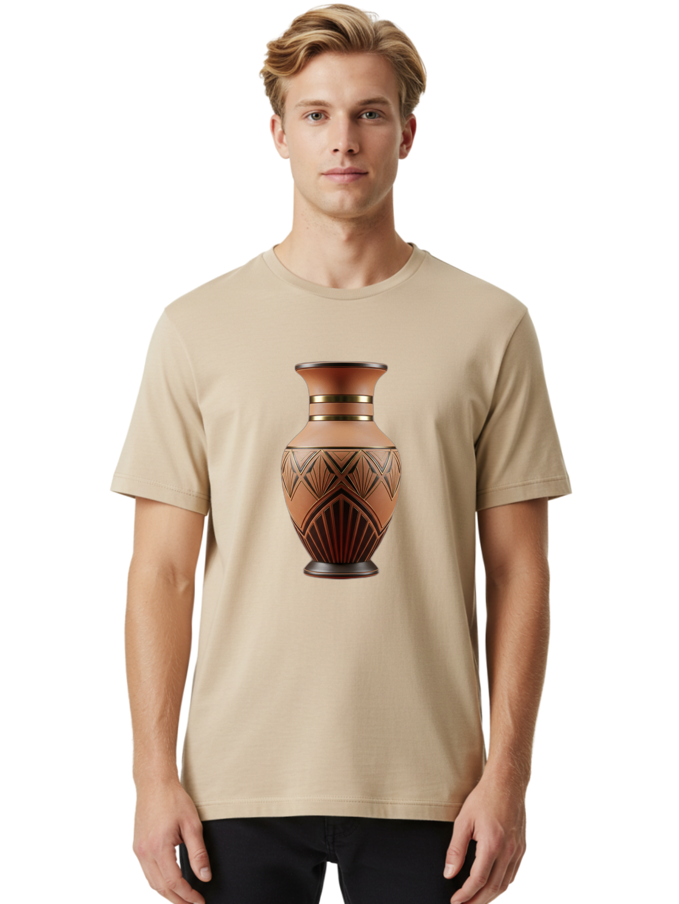 Art-Deco-Vase Men'S Graphic Tee, 100% Cotton, Comfortable Casual Summer Wear, Machine Washable, Copper Vase, Antique Vase, Decorative Vase, Geometric Patterns, Ornate Design, Vintage Decor, Luxury Home Decor, Elegant Interior Design, Baa139