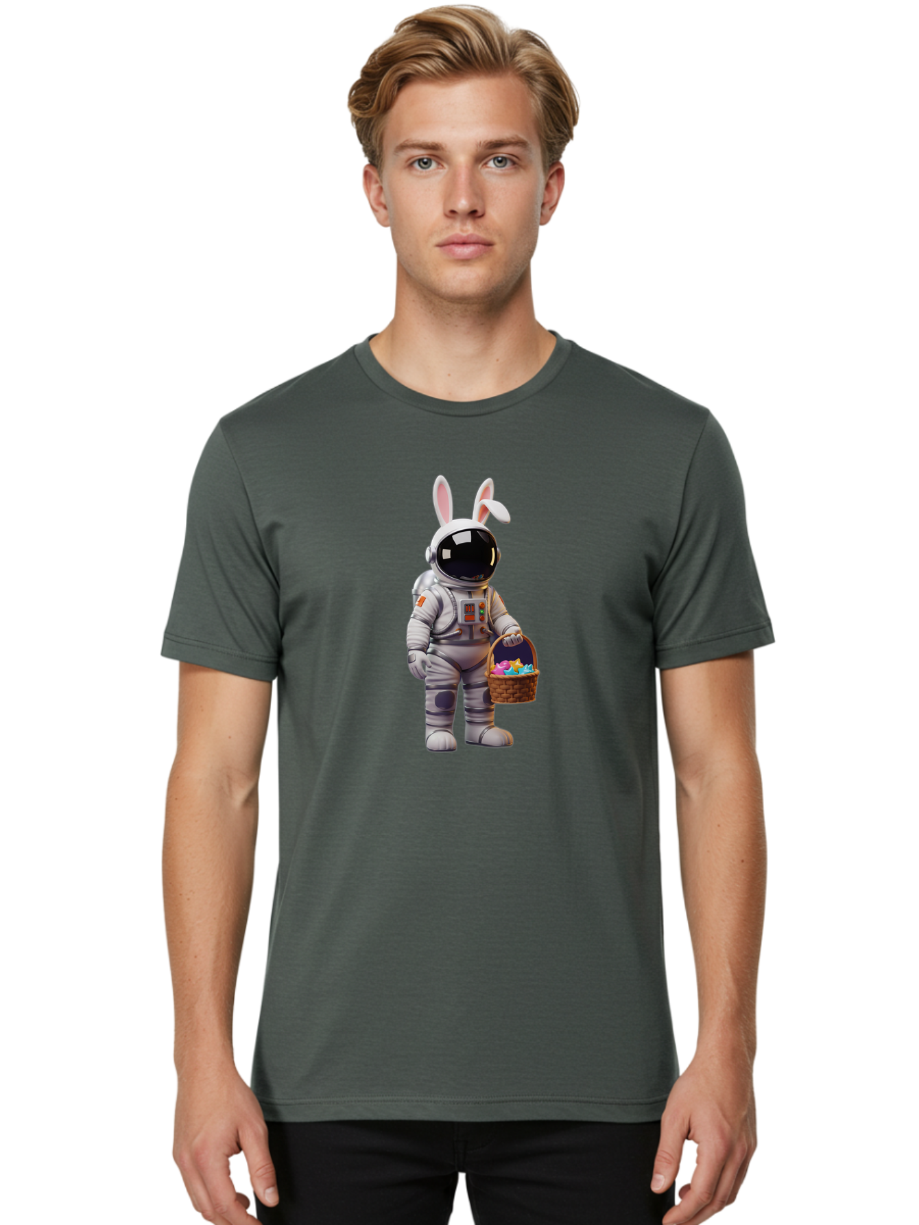 Astronaut-Bunny Men'S Graphic Tee, 100% Cotton, Comfortable Casual Summer Wear, Machine Washable, Astronaut With Bunny Ears, Space Suit, Easter Basket, Colorful Eggs, Digital Art, Futuristic, Holiday, Quirky, Easter Eggs, Festive Atmosphere, Baa143