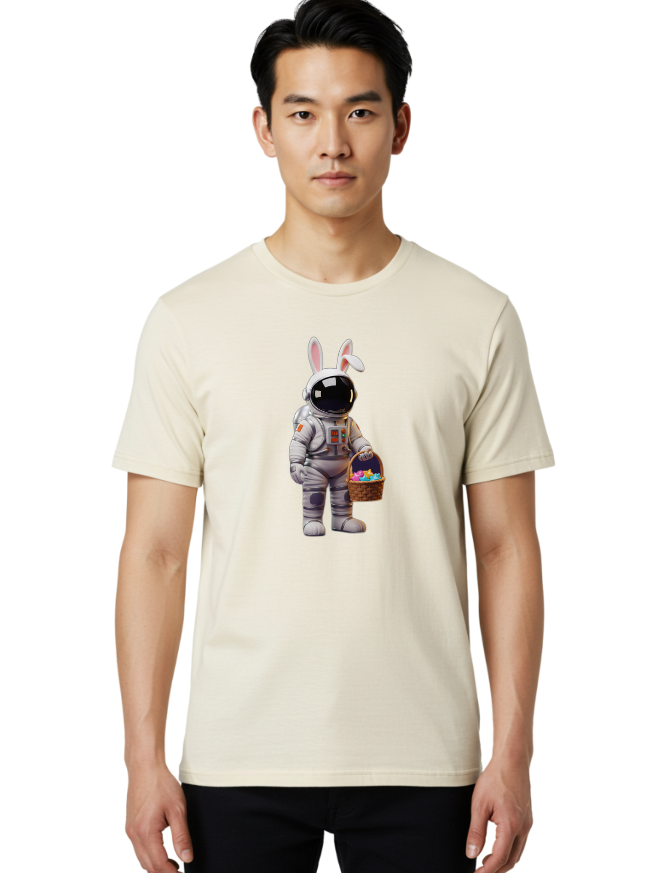 Astronaut-Bunny Men'S Graphic Tee, 100% Cotton, Comfortable Casual Summer Wear, Machine Washable, Astronaut With Bunny Ears, Space Suit, Easter Basket, Colorful Eggs, Digital Art, Futuristic, Holiday, Quirky, Easter Eggs, Festive Atmosphere, Baa143