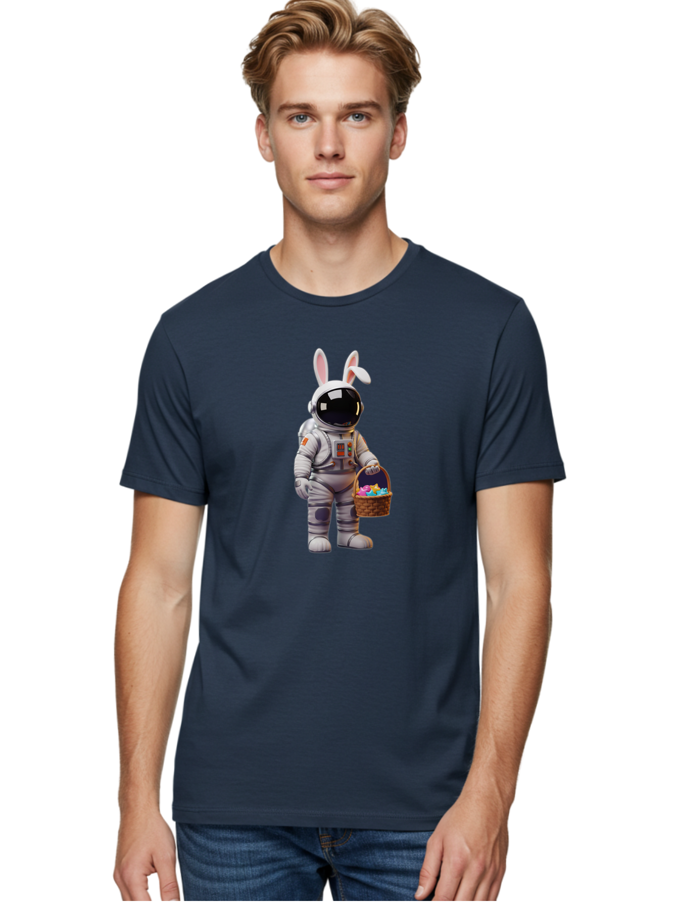 Astronaut-Bunny Men'S Graphic Tee, 100% Cotton, Comfortable Casual Summer Wear, Machine Washable, Astronaut With Bunny Ears, Space Suit, Easter Basket, Colorful Eggs, Digital Art, Futuristic, Holiday, Quirky, Easter Eggs, Festive Atmosphere, Baa143