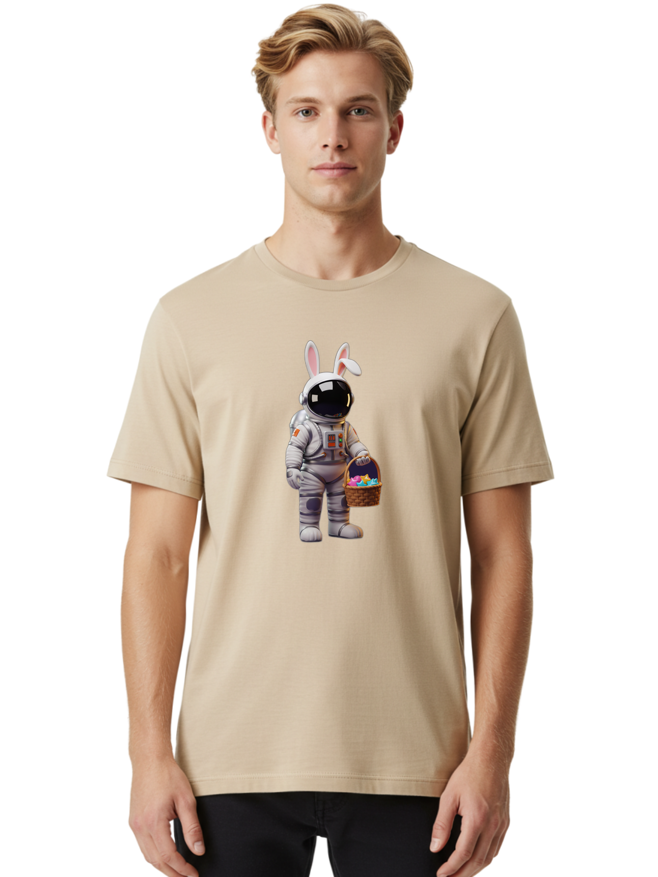 Astronaut-Bunny Men'S Graphic Tee, 100% Cotton, Comfortable Casual Summer Wear, Machine Washable, Astronaut With Bunny Ears, Space Suit, Easter Basket, Colorful Eggs, Digital Art, Futuristic, Holiday, Quirky, Easter Eggs, Festive Atmosphere, Baa143