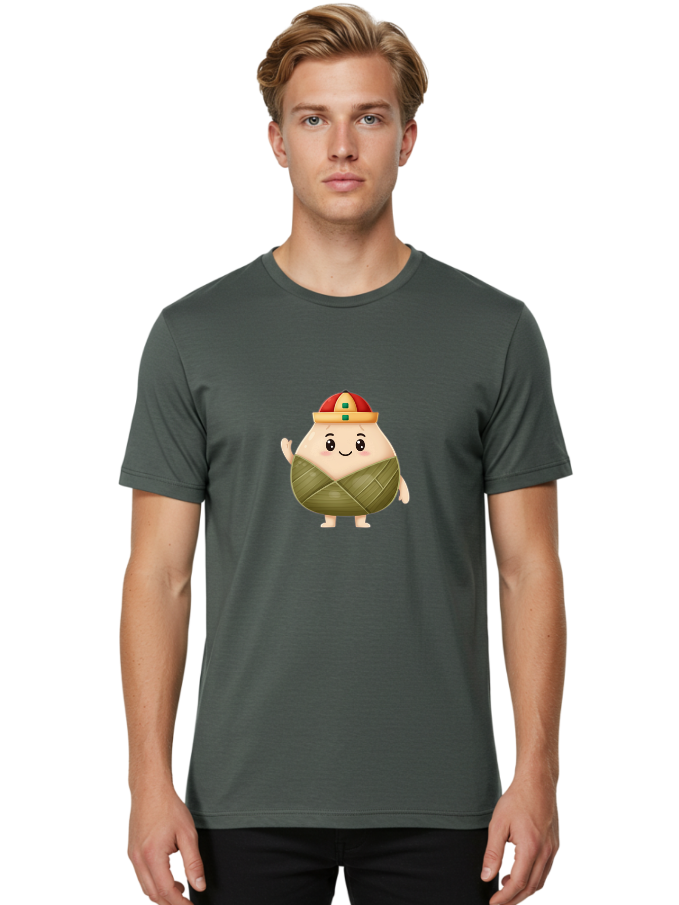 Bak-Chang Men'S Graphic Tee, 100% Cotton, Comfortable Casual Summer Wear, Machine Washable, Zongzi Cartoon Character, Dumpling Wrapped In Leaves, Chinese Traditional Food, Kawaii Illustration, Smiling Dumpling, Cute Mascot, Festive Hat, Baa145