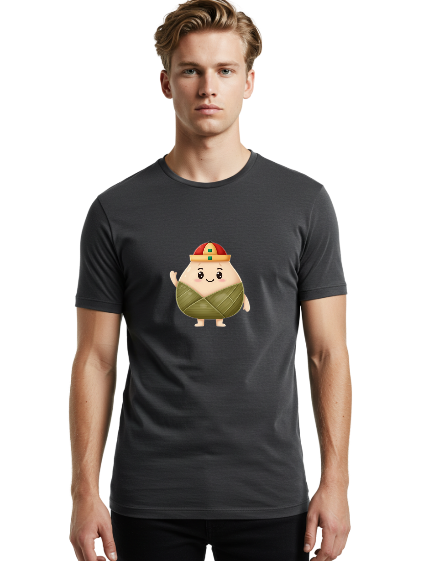 Bak-Chang Men'S Graphic Tee, 100% Cotton, Comfortable Casual Summer Wear, Machine Washable, Zongzi Cartoon Character, Dumpling Wrapped In Leaves, Chinese Traditional Food, Kawaii Illustration, Smiling Dumpling, Cute Mascot, Festive Hat, Baa145