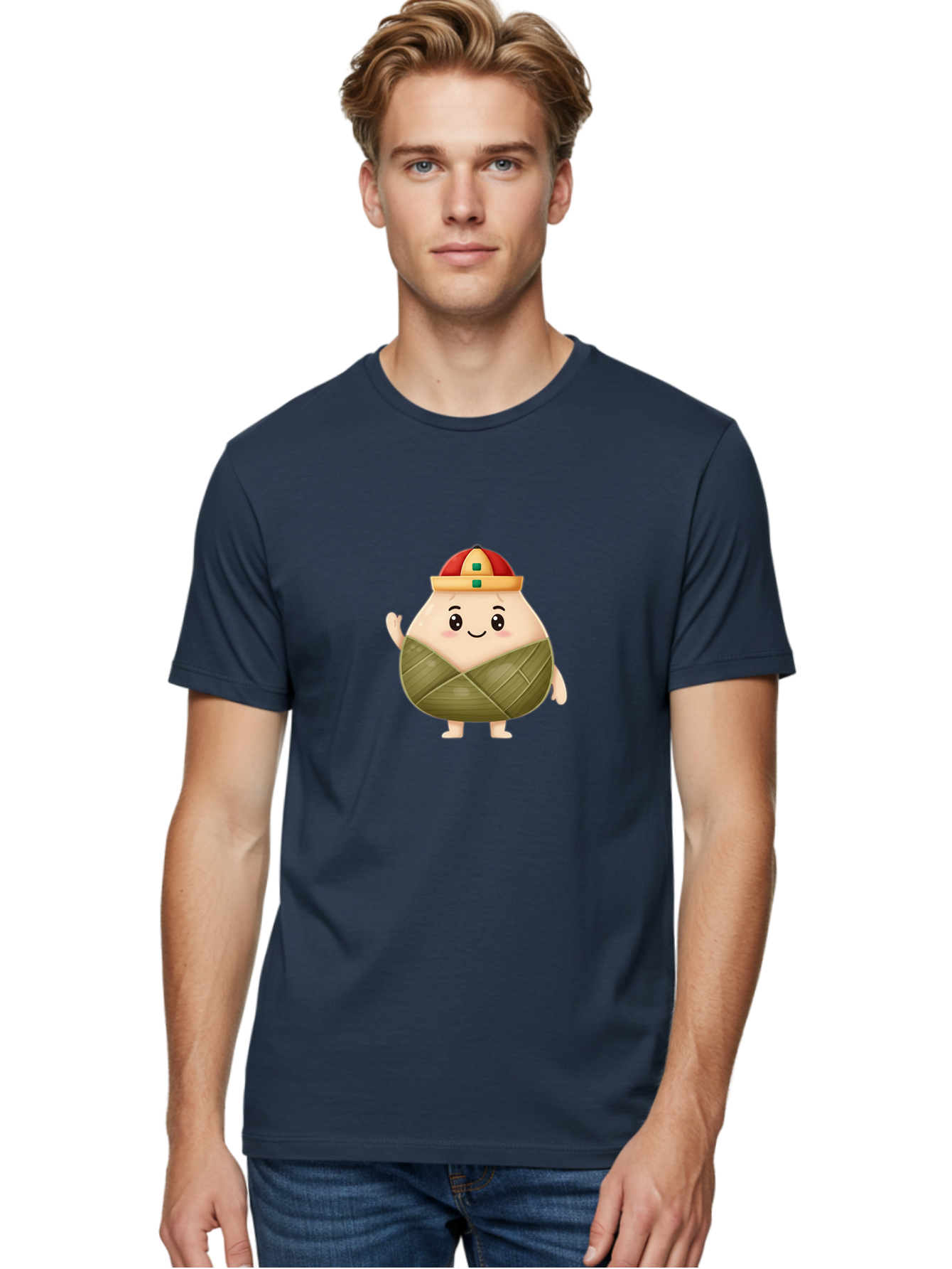 Bak-Chang Men'S Graphic Tee, 100% Cotton, Comfortable Casual Summer Wear, Machine Washable, Zongzi Cartoon Character, Dumpling Wrapped In Leaves, Chinese Traditional Food, Kawaii Illustration, Smiling Dumpling, Cute Mascot, Festive Hat, Baa145