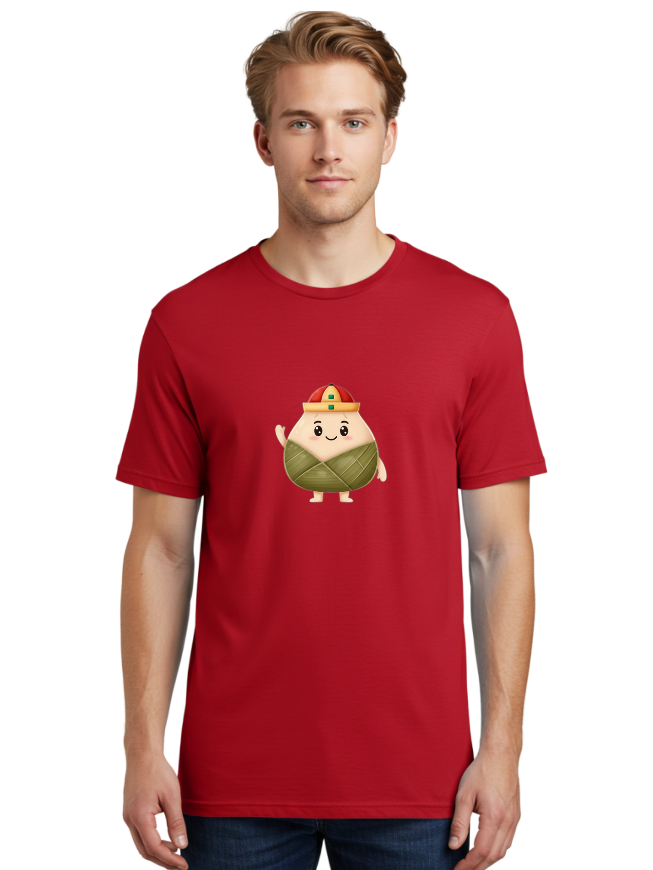 Bak-Chang Men'S Graphic Tee, 100% Cotton, Comfortable Casual Summer Wear, Machine Washable, Zongzi Cartoon Character, Dumpling Wrapped In Leaves, Chinese Traditional Food, Kawaii Illustration, Smiling Dumpling, Cute Mascot, Festive Hat, Baa145