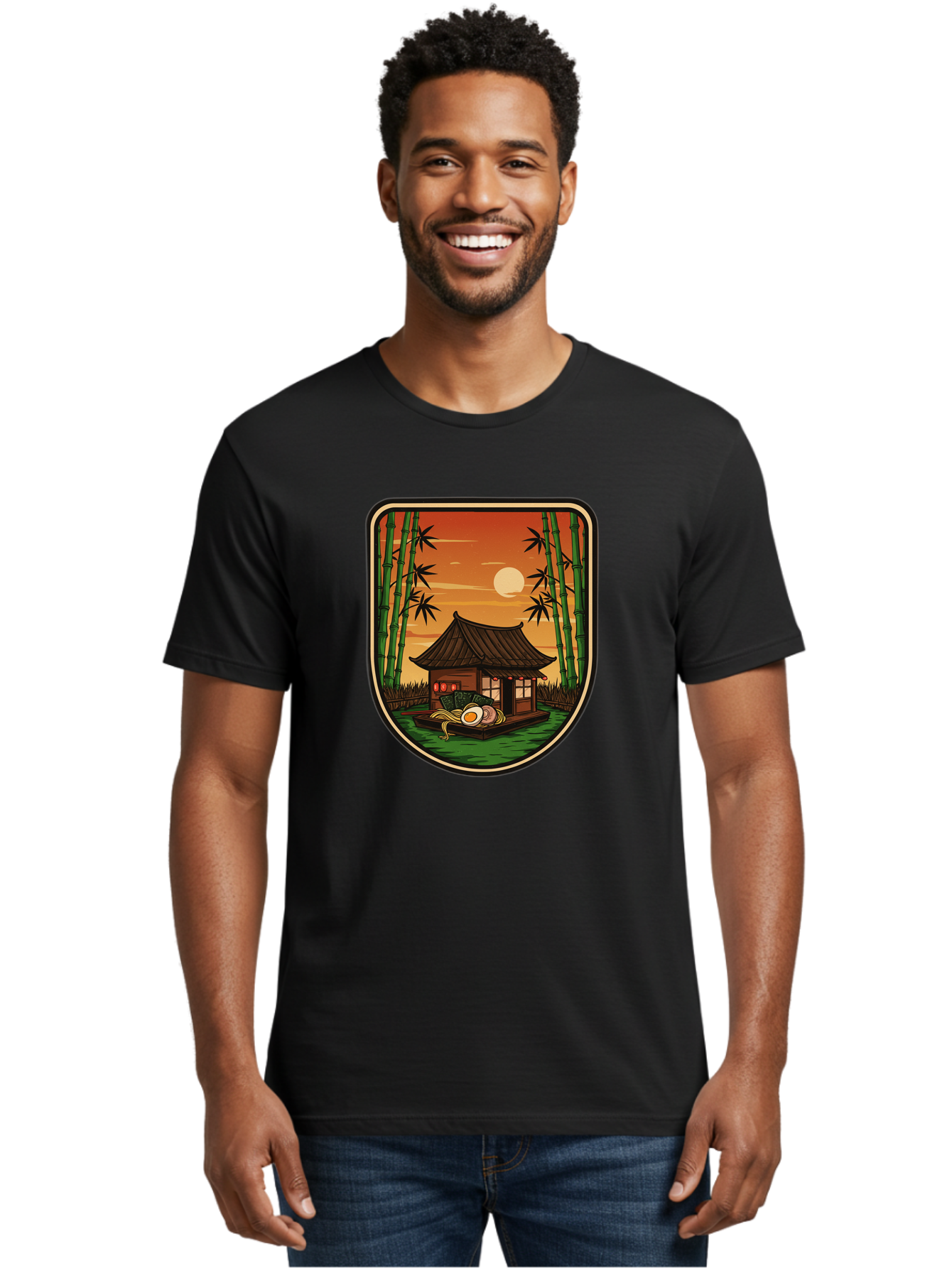 Bamboo-House Men'S Graphic Tee, 100% Cotton, Comfortable Casual Summer Wear, Machine Washable, Sake Bottle, Bamboo Forest, Traditional Japanese House, Serene Landscape, Peaceful Atmosphere, Japanese Culture, Evening Scene, Full Moon, Baa147