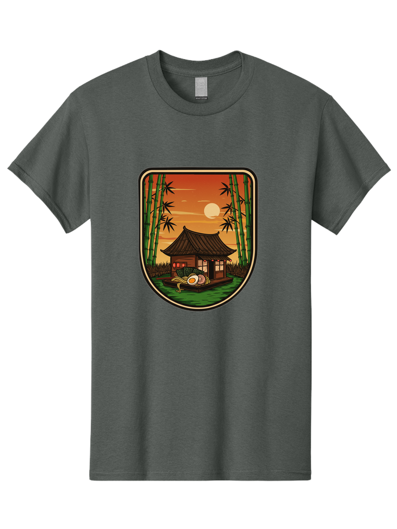 Bamboo-House Men'S Graphic Tee, 100% Cotton, Comfortable Casual Summer Wear, Machine Washable, Sake Bottle, Bamboo Forest, Traditional Japanese House, Serene Landscape, Peaceful Atmosphere, Japanese Culture, Evening Scene, Full Moon, Baa147
