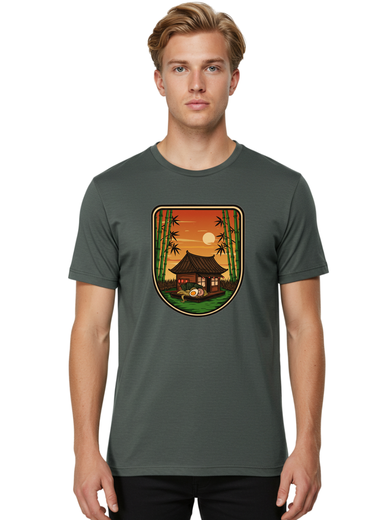 Bamboo-House Men'S Graphic Tee, 100% Cotton, Comfortable Casual Summer Wear, Machine Washable, Sake Bottle, Bamboo Forest, Traditional Japanese House, Serene Landscape, Peaceful Atmosphere, Japanese Culture, Evening Scene, Full Moon, Baa147