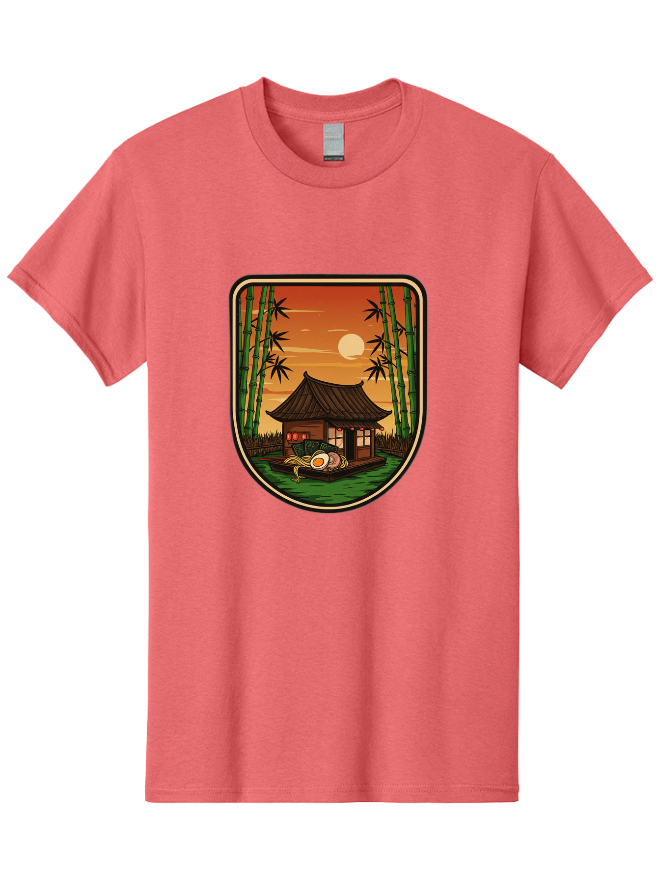 Bamboo-House Men'S Graphic Tee, 100% Cotton, Comfortable Casual Summer Wear, Machine Washable, Sake Bottle, Bamboo Forest, Traditional Japanese House, Serene Landscape, Peaceful Atmosphere, Japanese Culture, Evening Scene, Full Moon, Baa147