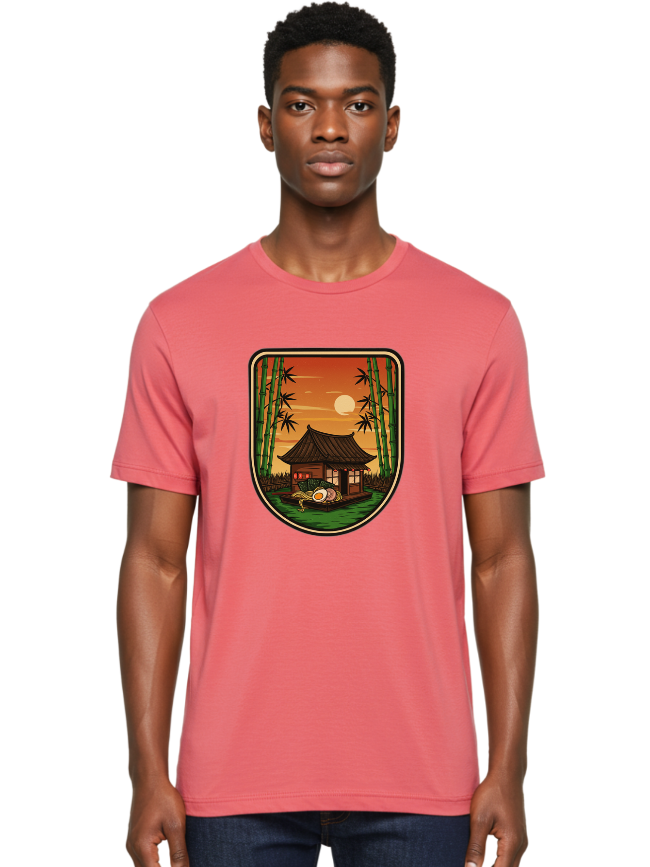 Bamboo-House Men'S Graphic Tee, 100% Cotton, Comfortable Casual Summer Wear, Machine Washable, Sake Bottle, Bamboo Forest, Traditional Japanese House, Serene Landscape, Peaceful Atmosphere, Japanese Culture, Evening Scene, Full Moon, Baa147