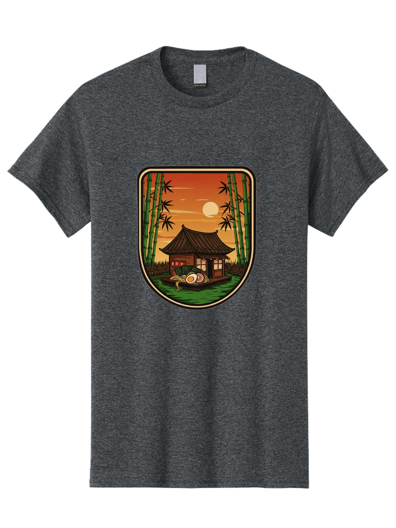 Bamboo-House Men'S Graphic Tee, 100% Cotton, Comfortable Casual Summer Wear, Machine Washable, Sake Bottle, Bamboo Forest, Traditional Japanese House, Serene Landscape, Peaceful Atmosphere, Japanese Culture, Evening Scene, Full Moon, Baa147