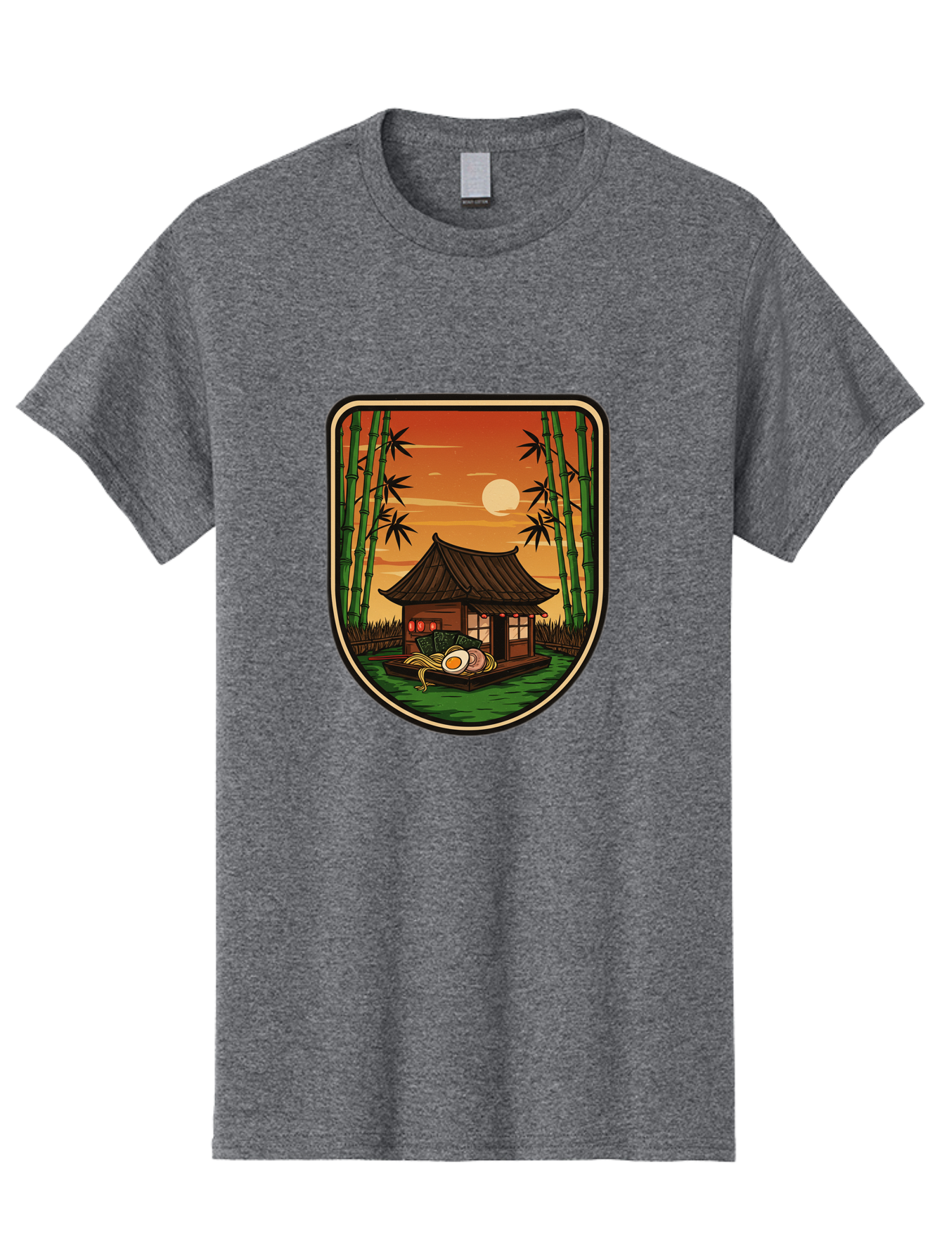 Bamboo-House Men'S Graphic Tee, 100% Cotton, Comfortable Casual Summer Wear, Machine Washable, Sake Bottle, Bamboo Forest, Traditional Japanese House, Serene Landscape, Peaceful Atmosphere, Japanese Culture, Evening Scene, Full Moon, Baa147