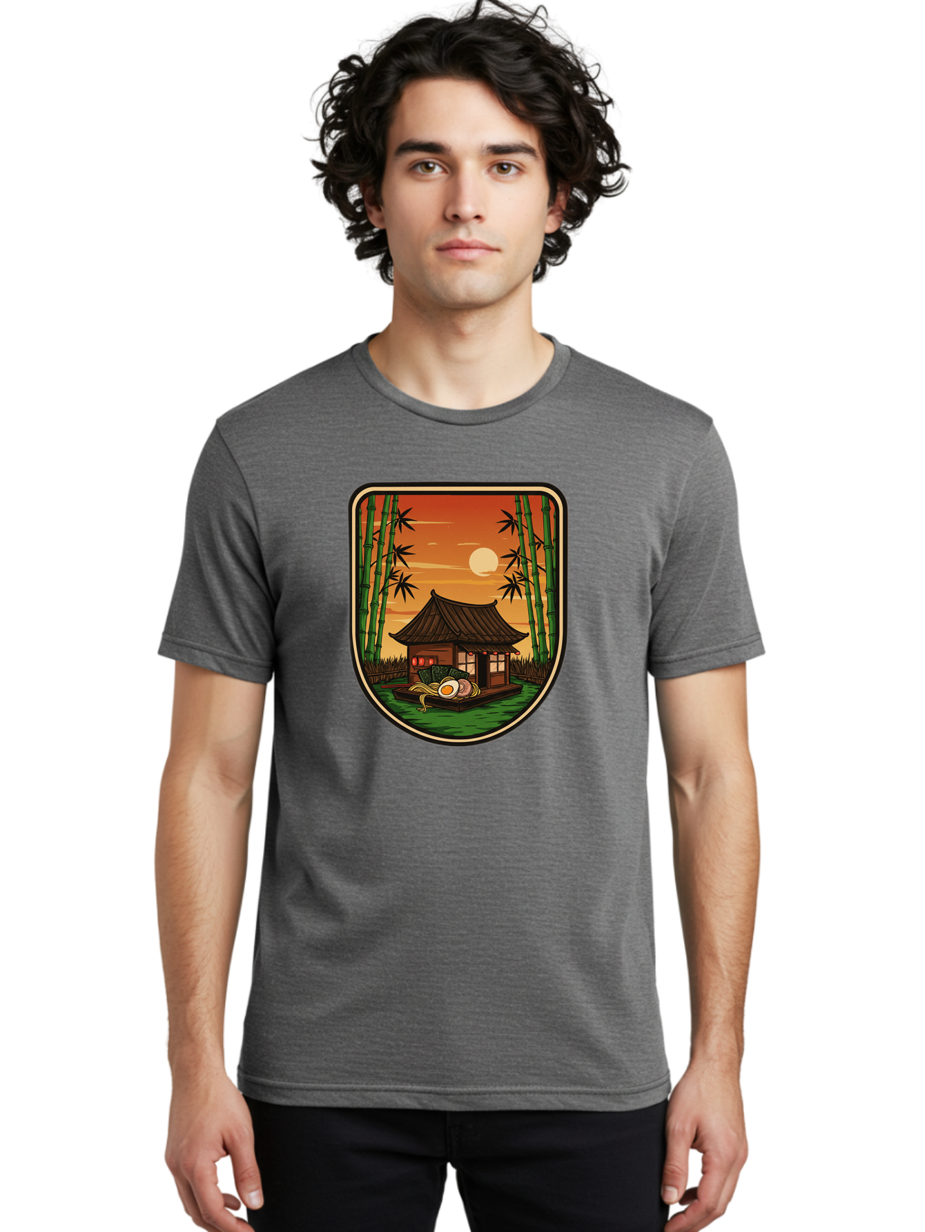 Bamboo-House Men'S Graphic Tee, 100% Cotton, Comfortable Casual Summer Wear, Machine Washable, Sake Bottle, Bamboo Forest, Traditional Japanese House, Serene Landscape, Peaceful Atmosphere, Japanese Culture, Evening Scene, Full Moon, Baa147