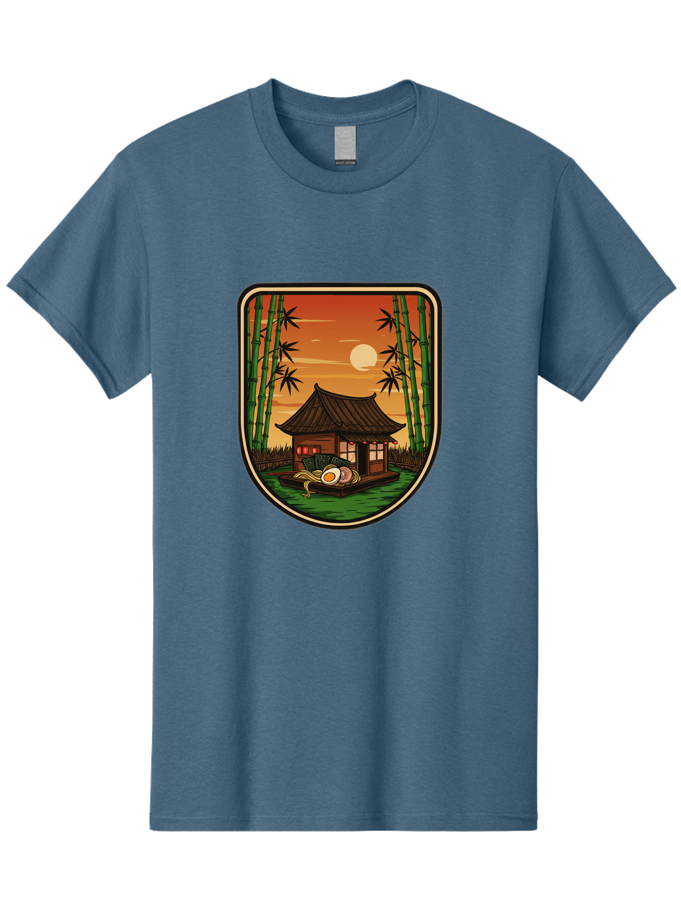Bamboo-House Men'S Graphic Tee, 100% Cotton, Comfortable Casual Summer Wear, Machine Washable, Sake Bottle, Bamboo Forest, Traditional Japanese House, Serene Landscape, Peaceful Atmosphere, Japanese Culture, Evening Scene, Full Moon, Baa147