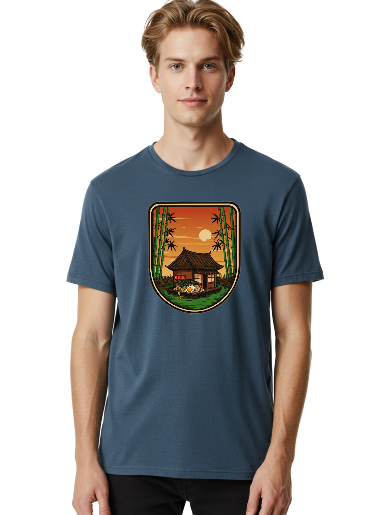 Bamboo-House Men'S Graphic Tee, 100% Cotton, Comfortable Casual Summer Wear, Machine Washable, Sake Bottle, Bamboo Forest, Traditional Japanese House, Serene Landscape, Peaceful Atmosphere, Japanese Culture, Evening Scene, Full Moon, Baa147