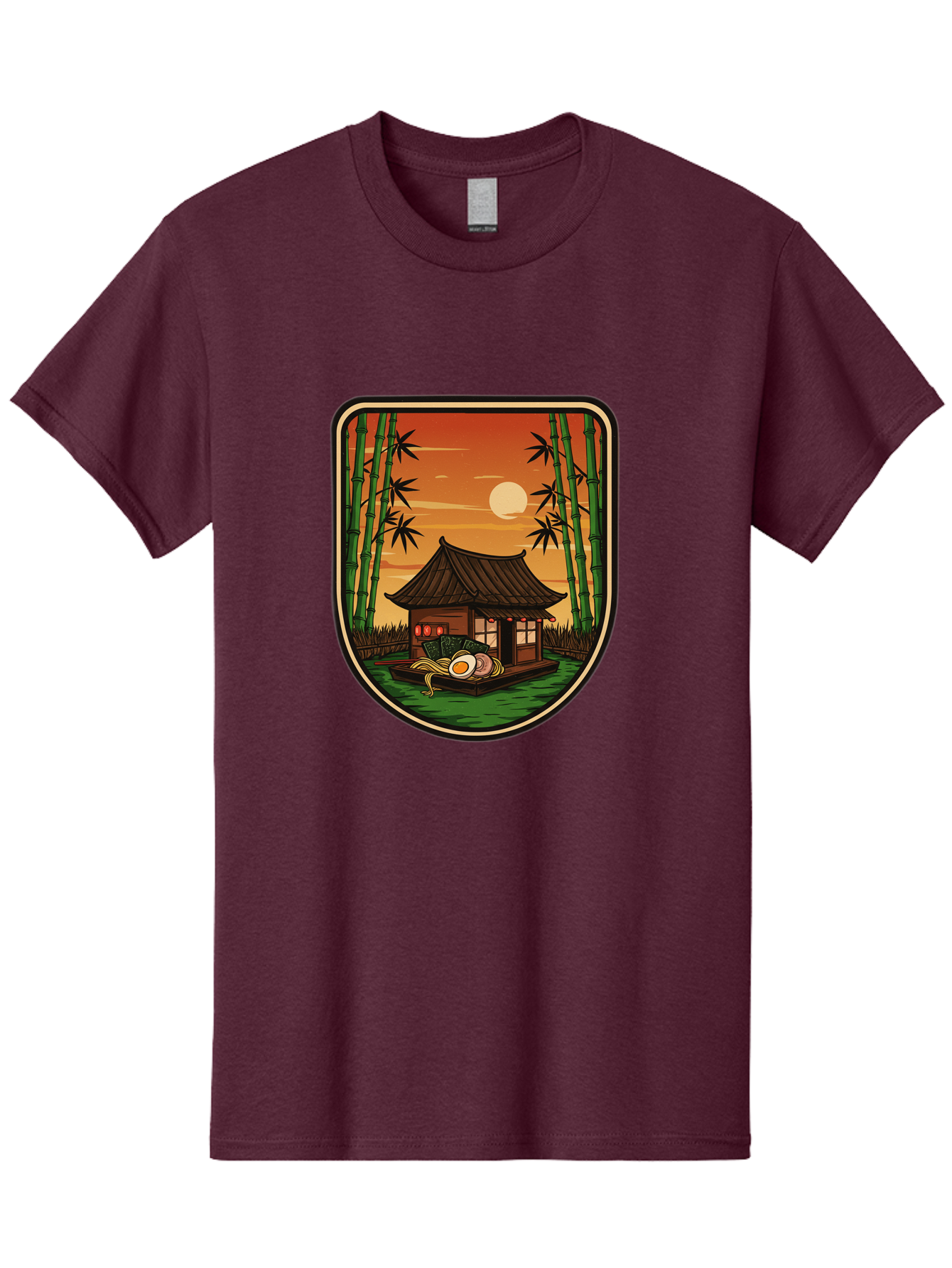 Bamboo-House Men'S Graphic Tee, 100% Cotton, Comfortable Casual Summer Wear, Machine Washable, Sake Bottle, Bamboo Forest, Traditional Japanese House, Serene Landscape, Peaceful Atmosphere, Japanese Culture, Evening Scene, Full Moon, Baa147