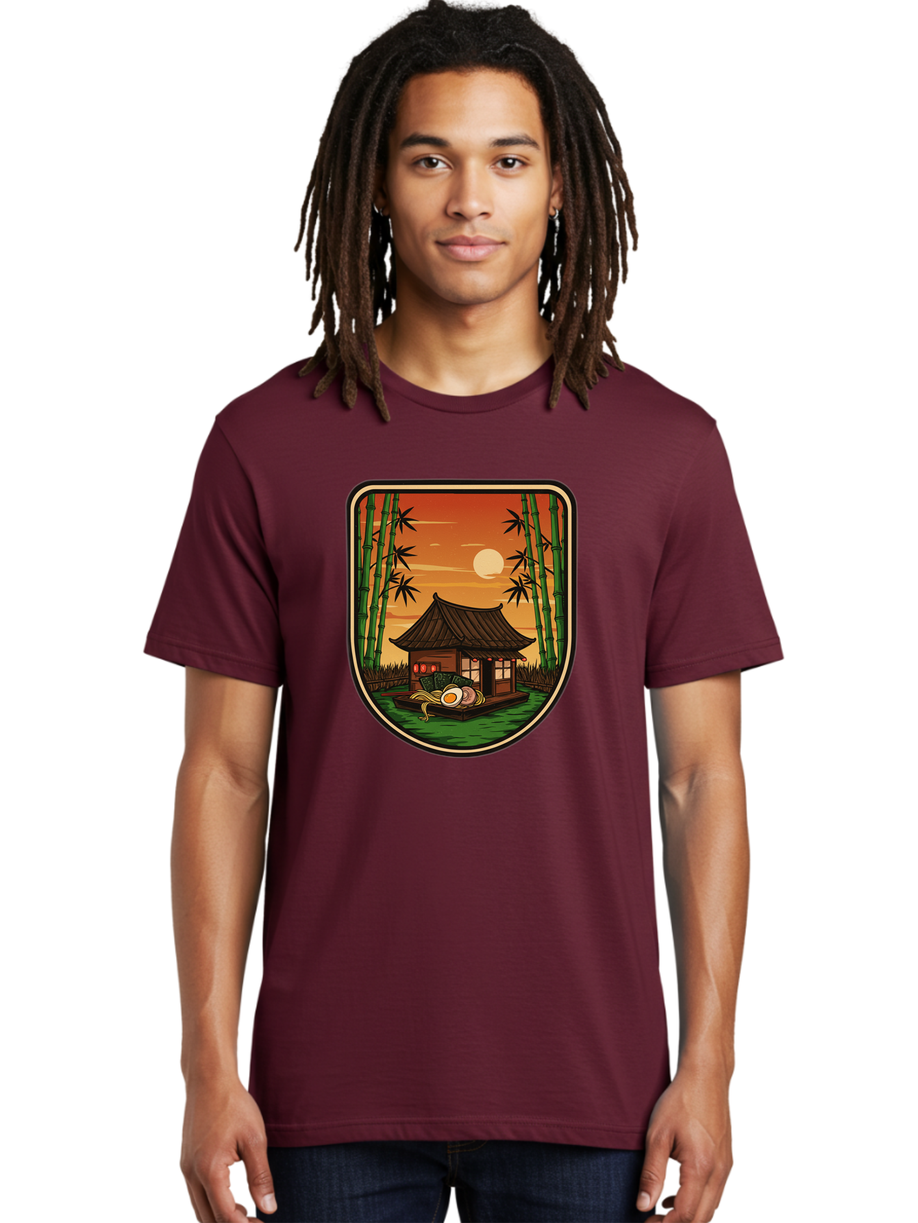 Bamboo-House Men'S Graphic Tee, 100% Cotton, Comfortable Casual Summer Wear, Machine Washable, Sake Bottle, Bamboo Forest, Traditional Japanese House, Serene Landscape, Peaceful Atmosphere, Japanese Culture, Evening Scene, Full Moon, Baa147