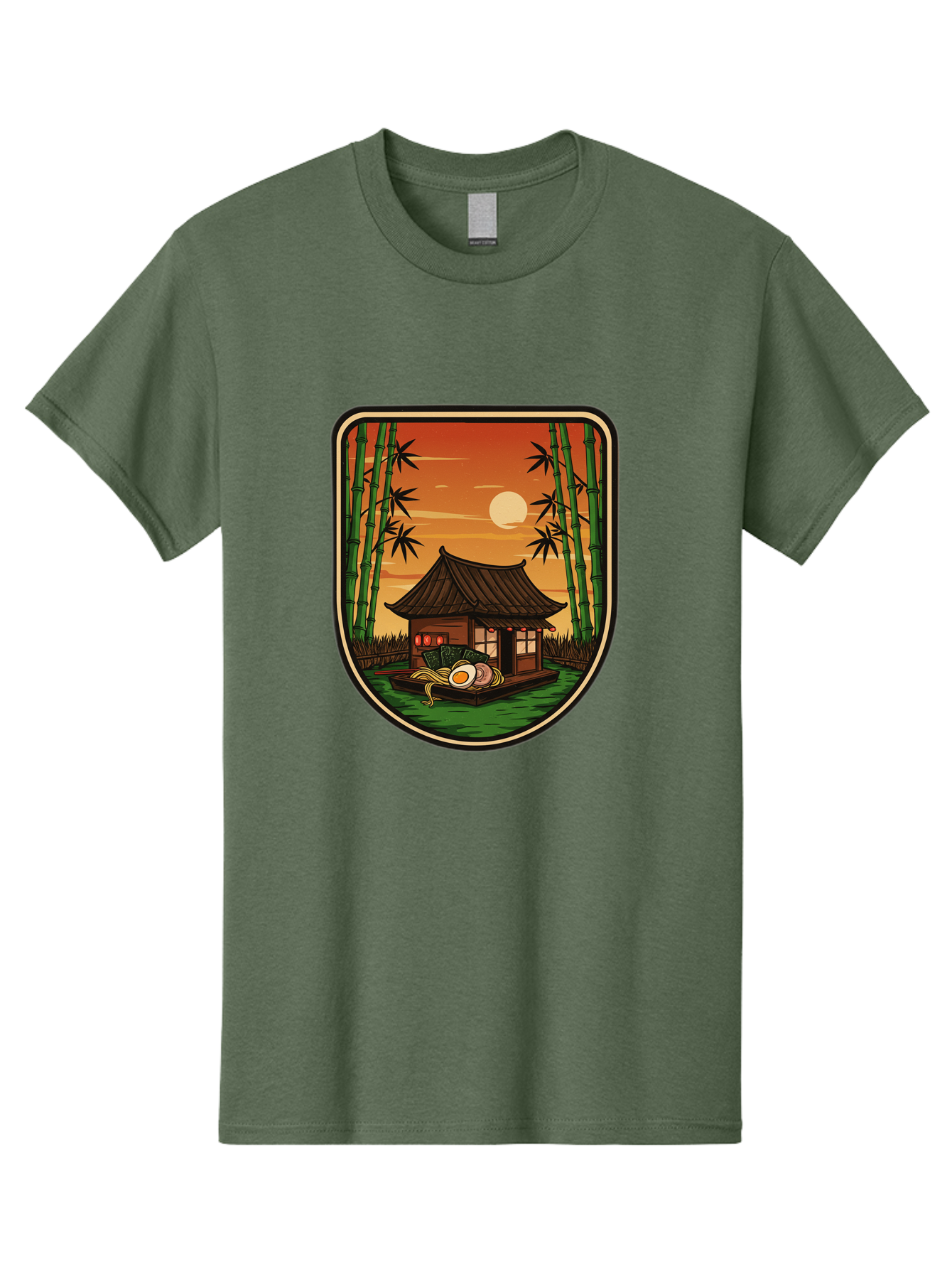 Bamboo-House Men'S Graphic Tee, 100% Cotton, Comfortable Casual Summer Wear, Machine Washable, Sake Bottle, Bamboo Forest, Traditional Japanese House, Serene Landscape, Peaceful Atmosphere, Japanese Culture, Evening Scene, Full Moon, Baa147