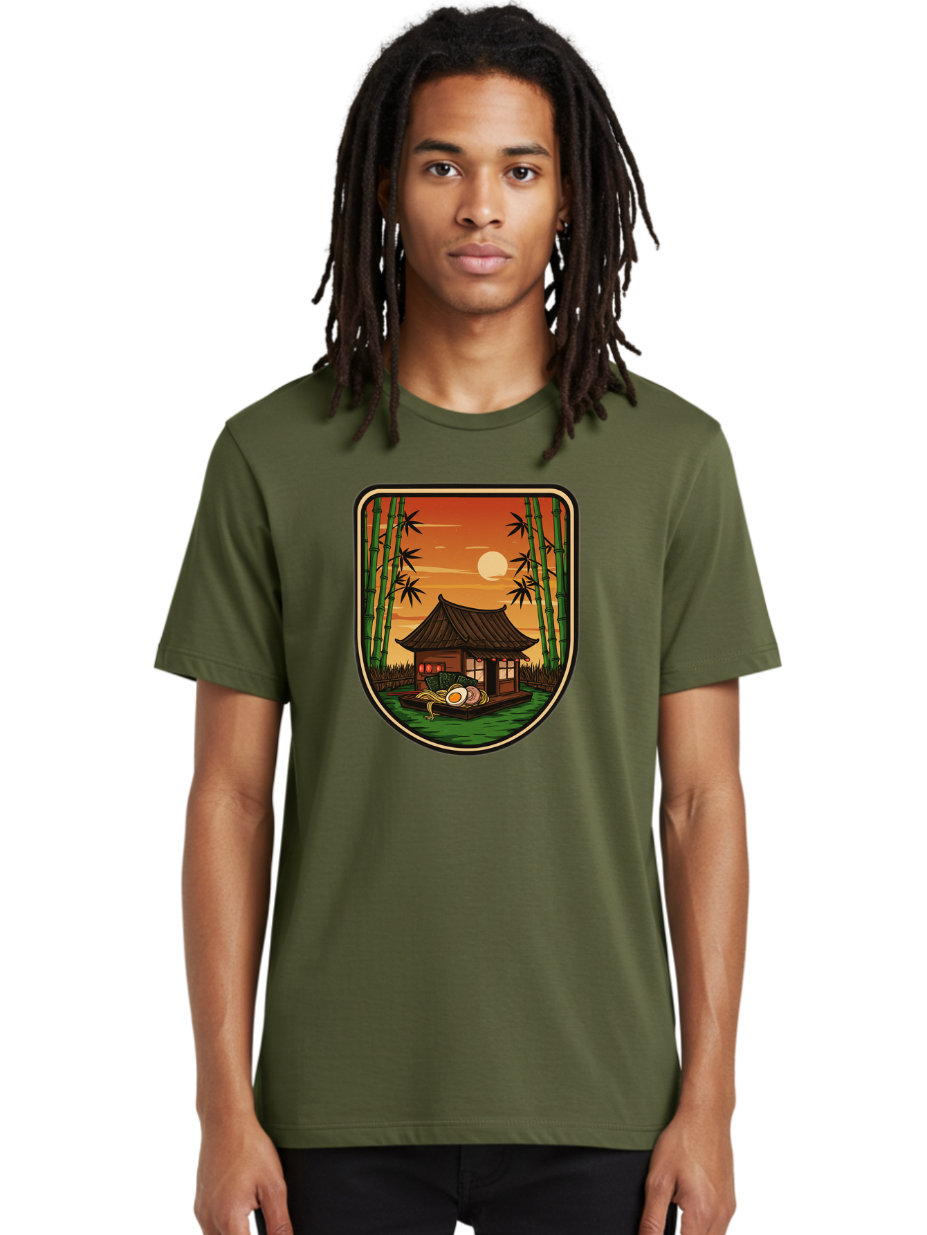 Bamboo-House Men'S Graphic Tee, 100% Cotton, Comfortable Casual Summer Wear, Machine Washable, Sake Bottle, Bamboo Forest, Traditional Japanese House, Serene Landscape, Peaceful Atmosphere, Japanese Culture, Evening Scene, Full Moon, Baa147