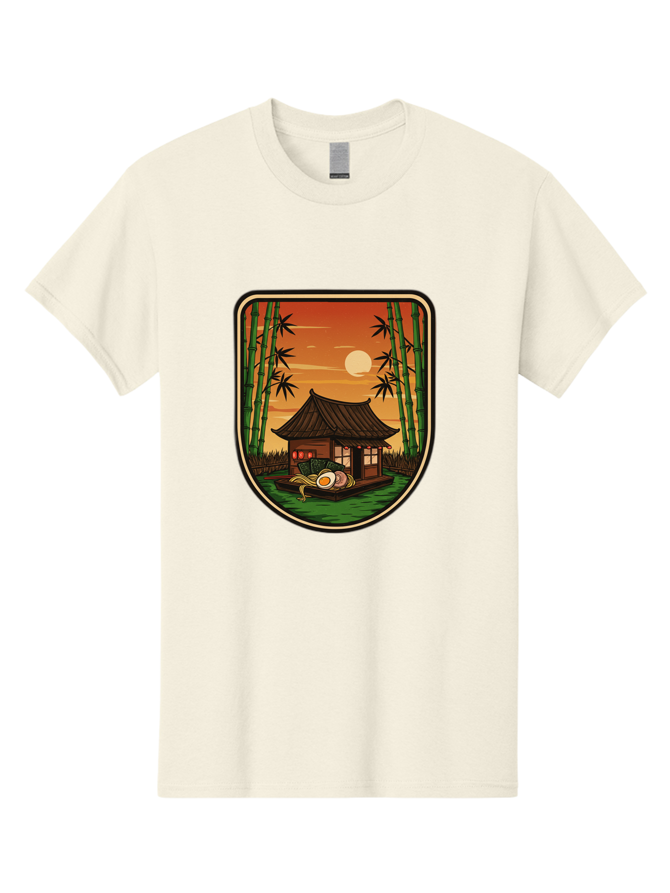 Bamboo-House Men'S Graphic Tee, 100% Cotton, Comfortable Casual Summer Wear, Machine Washable, Sake Bottle, Bamboo Forest, Traditional Japanese House, Serene Landscape, Peaceful Atmosphere, Japanese Culture, Evening Scene, Full Moon, Baa147