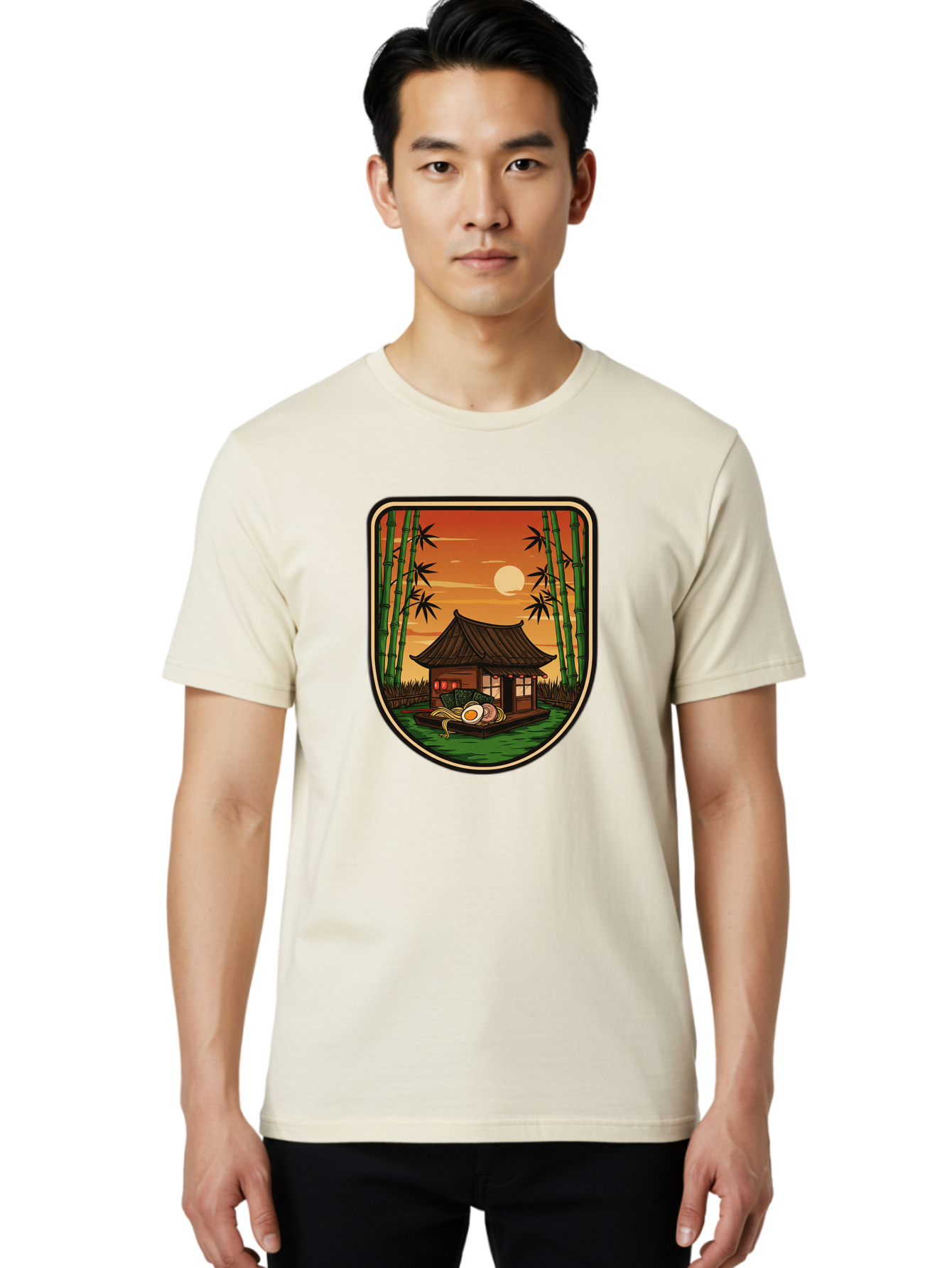 Bamboo-House Men'S Graphic Tee, 100% Cotton, Comfortable Casual Summer Wear, Machine Washable, Sake Bottle, Bamboo Forest, Traditional Japanese House, Serene Landscape, Peaceful Atmosphere, Japanese Culture, Evening Scene, Full Moon, Baa147
