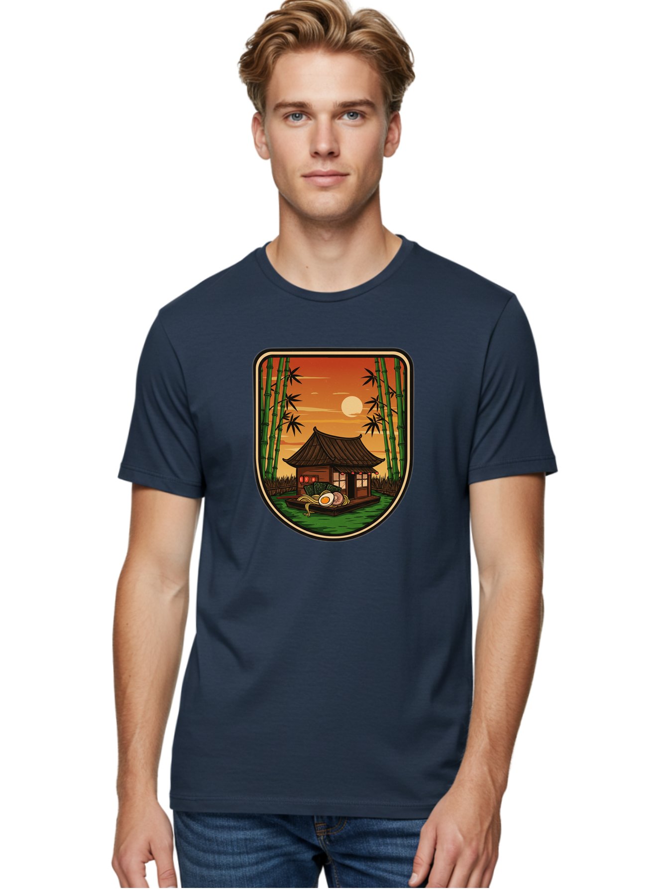 Bamboo-House Men'S Graphic Tee, 100% Cotton, Comfortable Casual Summer Wear, Machine Washable, Sake Bottle, Bamboo Forest, Traditional Japanese House, Serene Landscape, Peaceful Atmosphere, Japanese Culture, Evening Scene, Full Moon, Baa147
