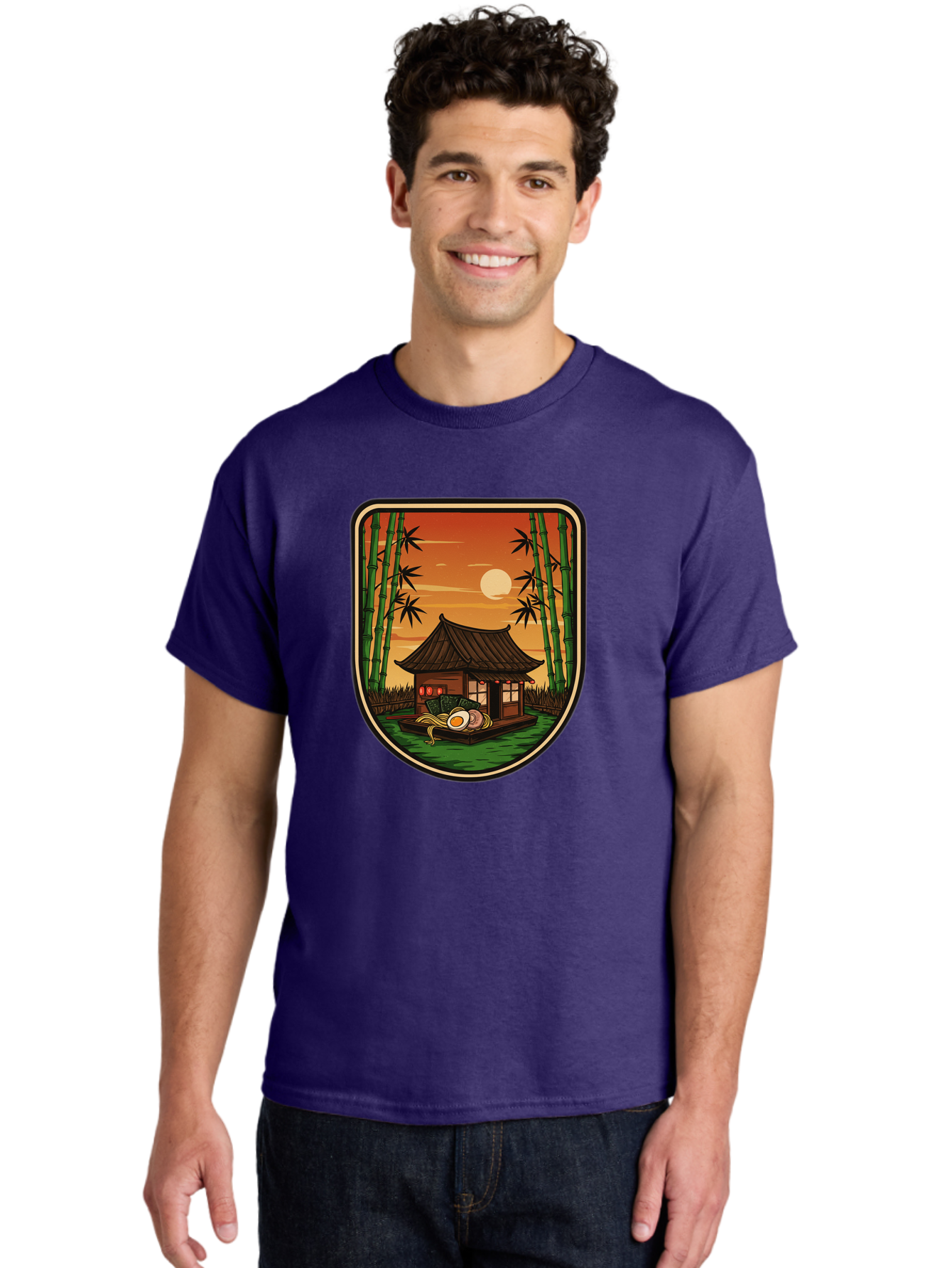 Bamboo-House Men'S Graphic Tee, 100% Cotton, Comfortable Casual Summer Wear, Machine Washable, Sake Bottle, Bamboo Forest, Traditional Japanese House, Serene Landscape, Peaceful Atmosphere, Japanese Culture, Evening Scene, Full Moon, Baa147