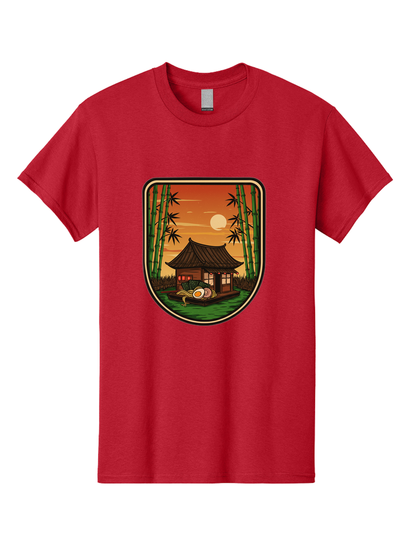 Bamboo-House Men'S Graphic Tee, 100% Cotton, Comfortable Casual Summer Wear, Machine Washable, Sake Bottle, Bamboo Forest, Traditional Japanese House, Serene Landscape, Peaceful Atmosphere, Japanese Culture, Evening Scene, Full Moon, Baa147