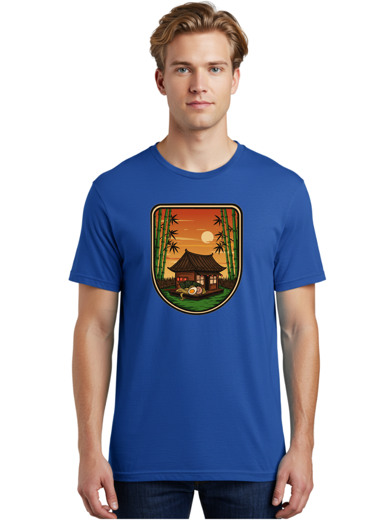 Bamboo-House Men'S Graphic Tee, 100% Cotton, Comfortable Casual Summer Wear, Machine Washable, Sake Bottle, Bamboo Forest, Traditional Japanese House, Serene Landscape, Peaceful Atmosphere, Japanese Culture, Evening Scene, Full Moon, Baa147