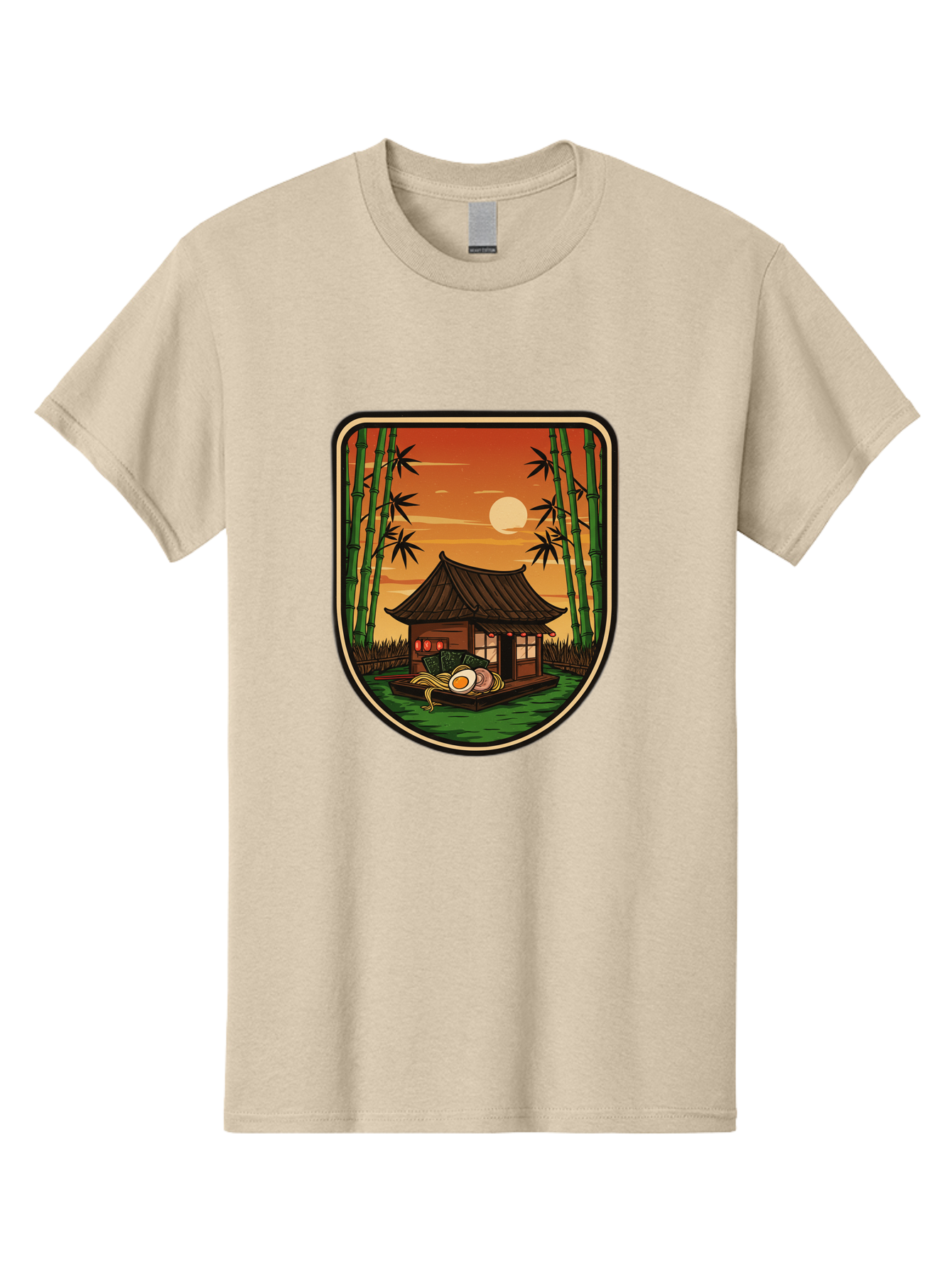 Bamboo-House Men'S Graphic Tee, 100% Cotton, Comfortable Casual Summer Wear, Machine Washable, Sake Bottle, Bamboo Forest, Traditional Japanese House, Serene Landscape, Peaceful Atmosphere, Japanese Culture, Evening Scene, Full Moon, Baa147
