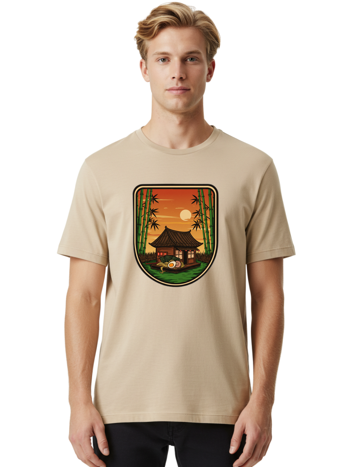 Bamboo-House Men'S Graphic Tee, 100% Cotton, Comfortable Casual Summer Wear, Machine Washable, Sake Bottle, Bamboo Forest, Traditional Japanese House, Serene Landscape, Peaceful Atmosphere, Japanese Culture, Evening Scene, Full Moon, Baa147