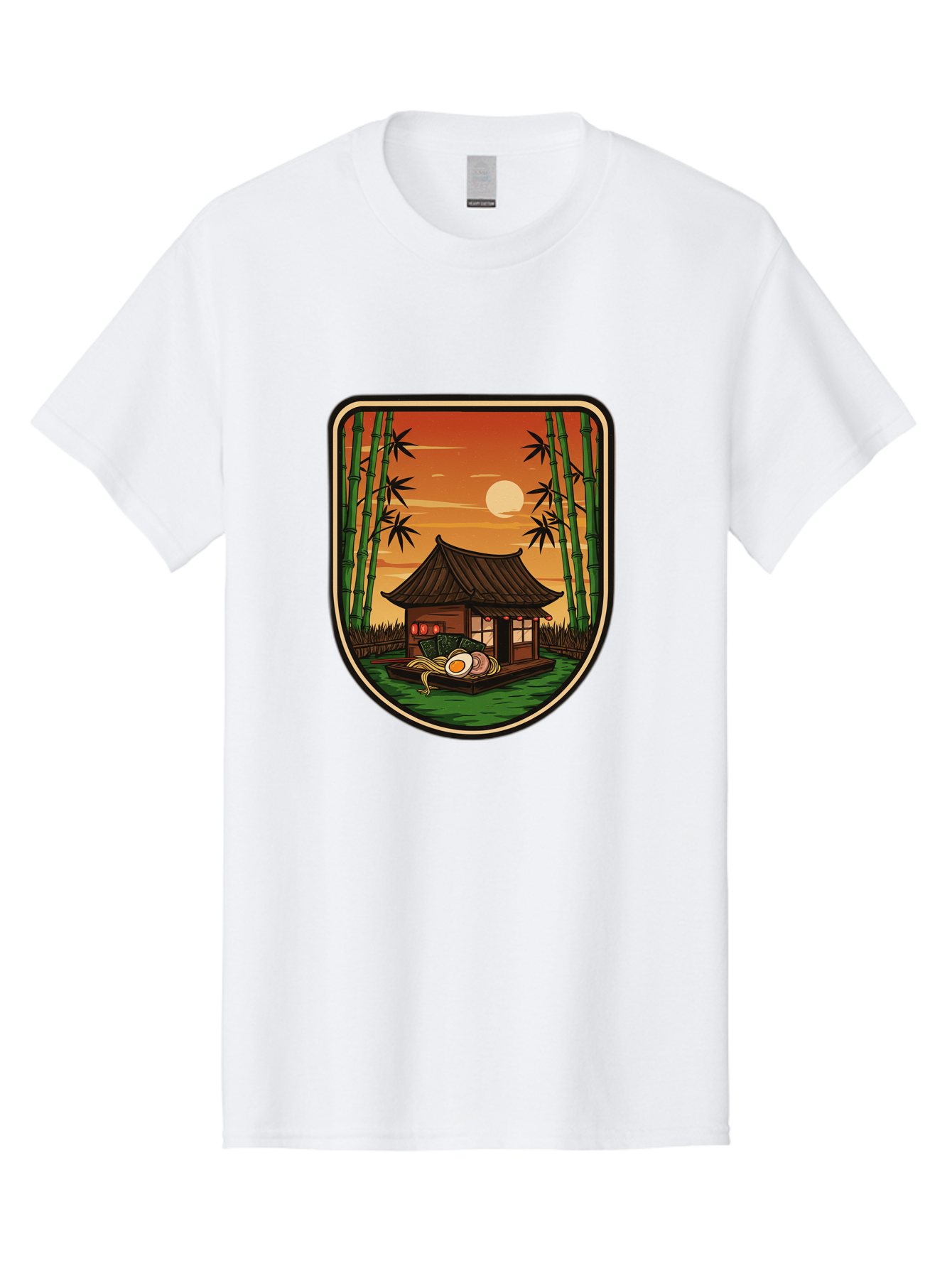 Bamboo-House Men'S Graphic Tee, 100% Cotton, Comfortable Casual Summer Wear, Machine Washable, Sake Bottle, Bamboo Forest, Traditional Japanese House, Serene Landscape, Peaceful Atmosphere, Japanese Culture, Evening Scene, Full Moon, Baa147