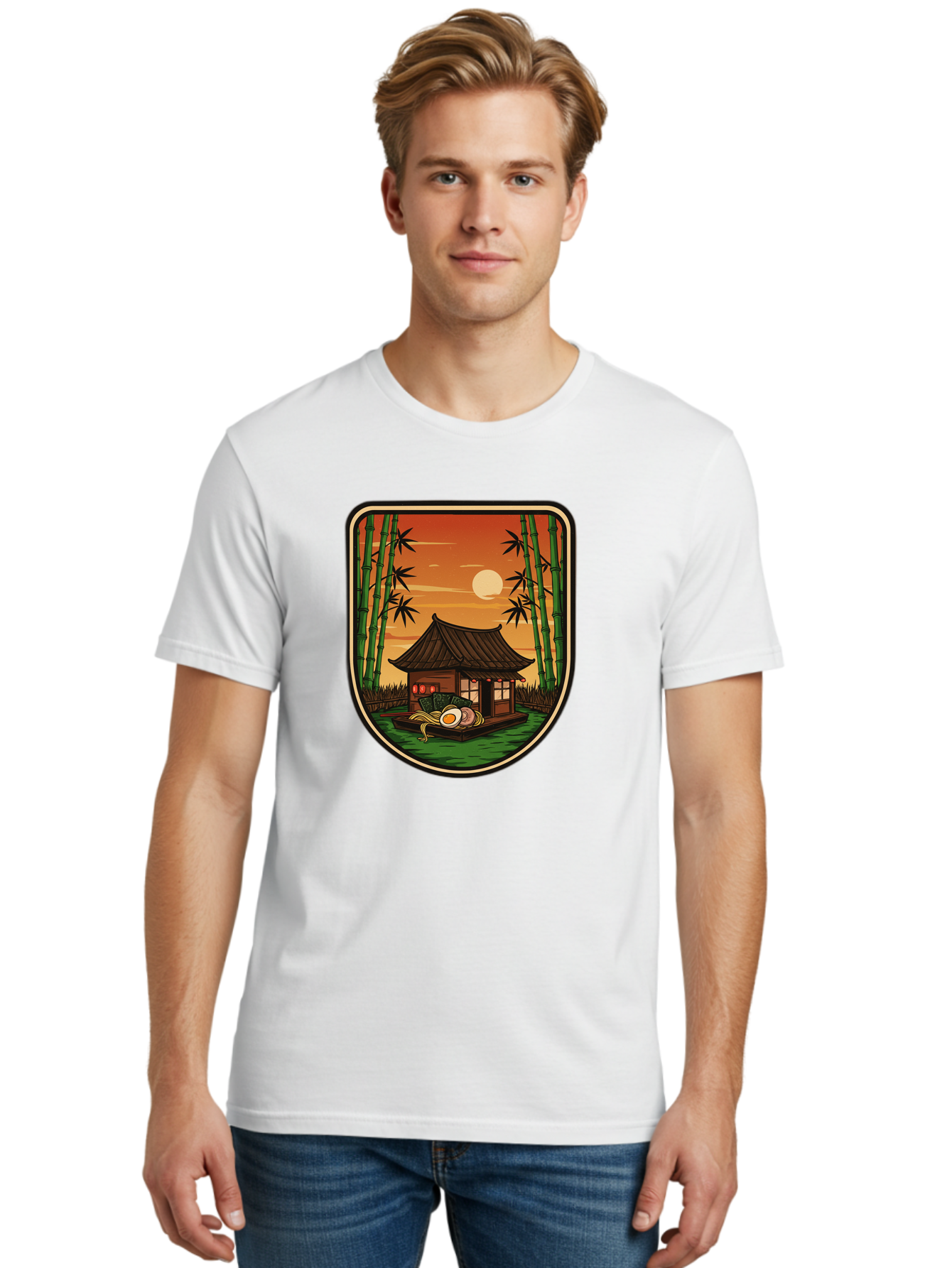 Bamboo-House Men'S Graphic Tee, 100% Cotton, Comfortable Casual Summer Wear, Machine Washable, Sake Bottle, Bamboo Forest, Traditional Japanese House, Serene Landscape, Peaceful Atmosphere, Japanese Culture, Evening Scene, Full Moon, Baa147