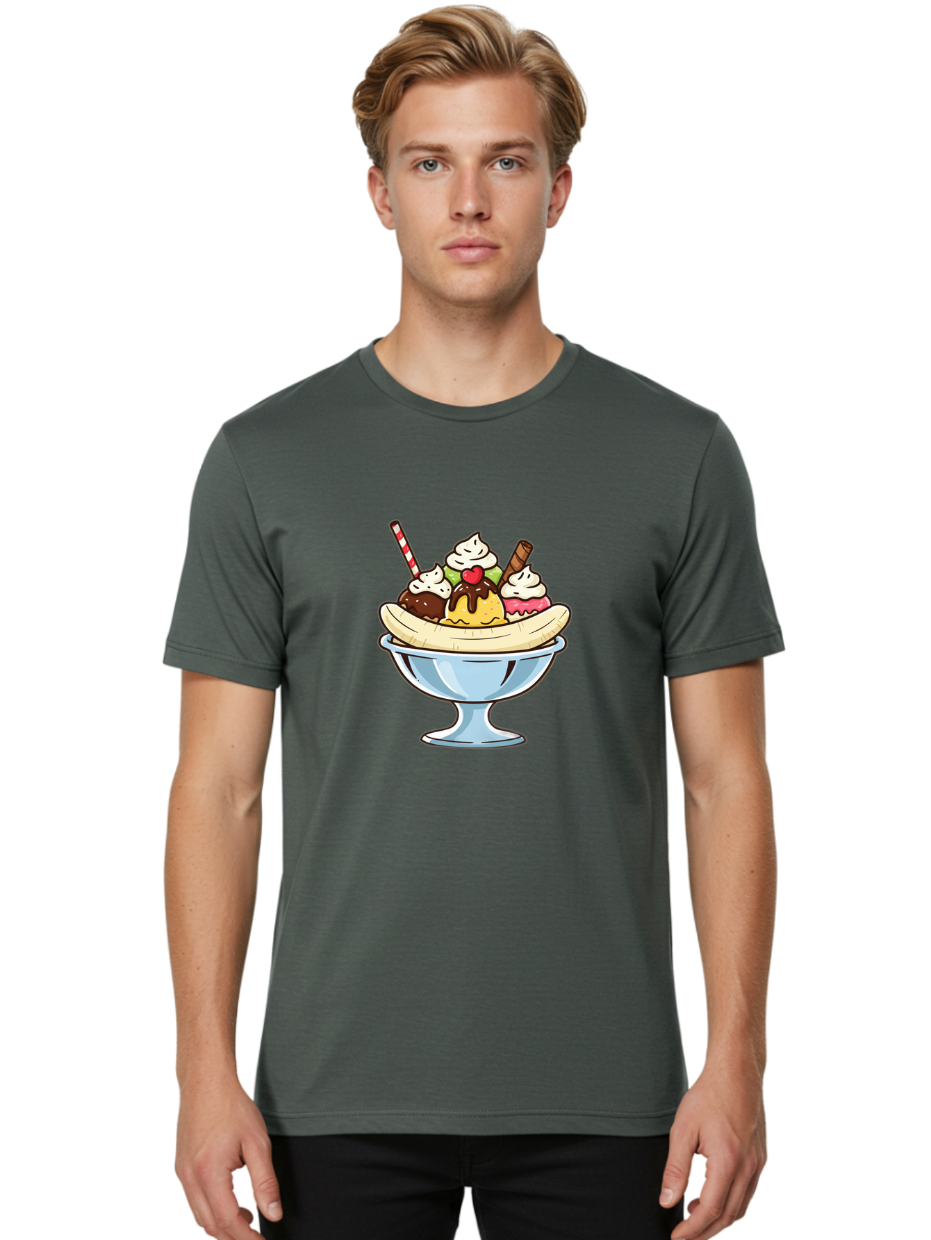 Banana-Split Men'S Graphic Tee, 100% Cotton, Comfortable Casual Summer Wear, Machine Washable, Banana Split, Sundae, Ice Cream Dessert, Whipped Cream, Chocolate Sauce, Cherry On Top, Colorful Treats, Sweet Indulgence Baa148