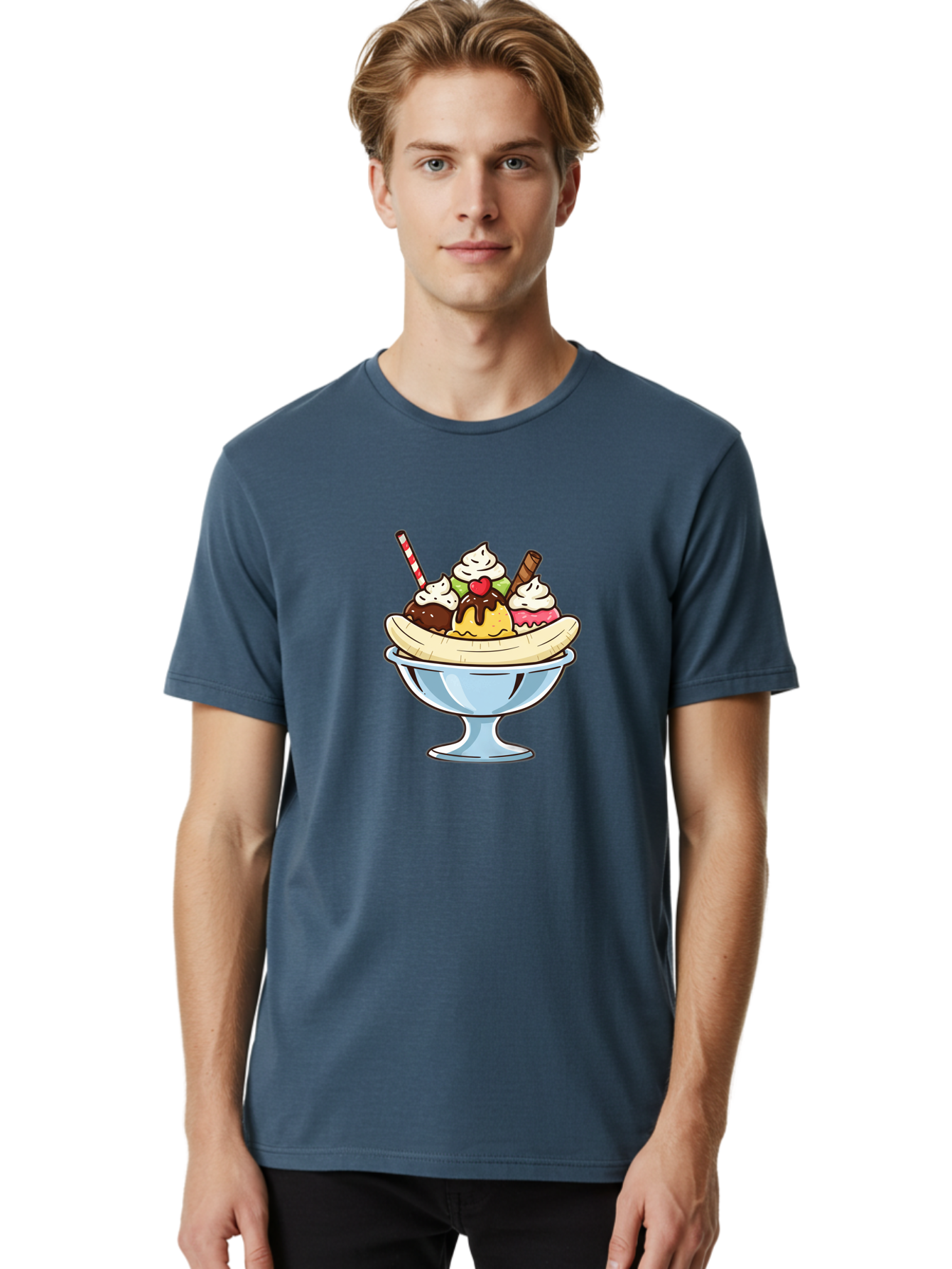 Banana-Split Men'S Graphic Tee, 100% Cotton, Comfortable Casual Summer Wear, Machine Washable, Banana Split, Sundae, Ice Cream Dessert, Whipped Cream, Chocolate Sauce, Cherry On Top, Colorful Treats, Sweet Indulgence Baa148