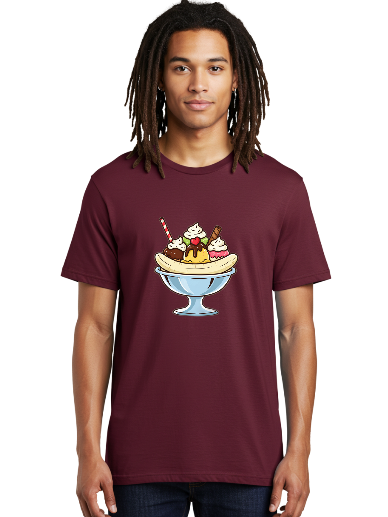 Banana-Split Men'S Graphic Tee, 100% Cotton, Comfortable Casual Summer Wear, Machine Washable, Banana Split, Sundae, Ice Cream Dessert, Whipped Cream, Chocolate Sauce, Cherry On Top, Colorful Treats, Sweet Indulgence Baa148