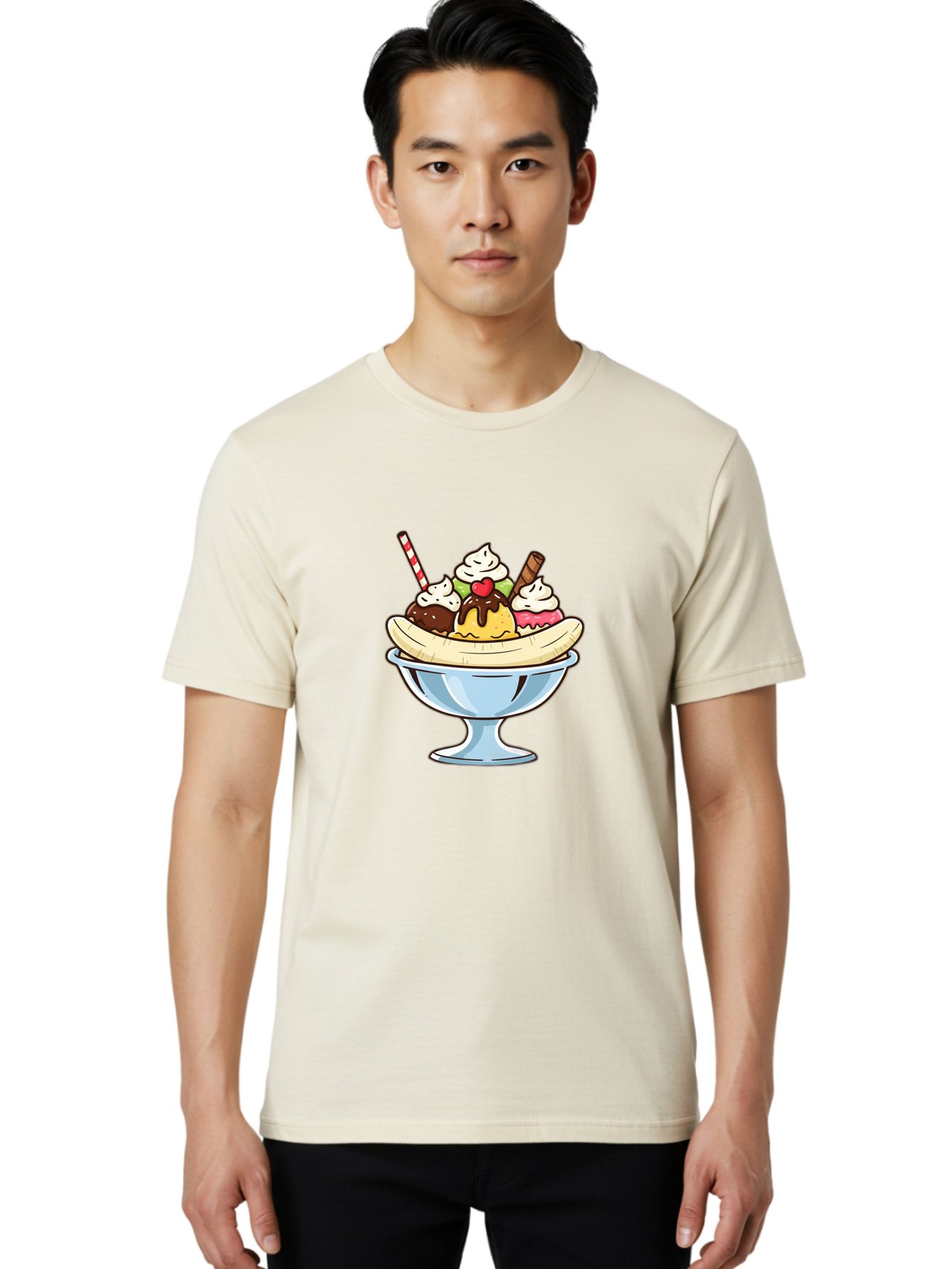 Banana-Split Men'S Graphic Tee, 100% Cotton, Comfortable Casual Summer Wear, Machine Washable, Banana Split, Sundae, Ice Cream Dessert, Whipped Cream, Chocolate Sauce, Cherry On Top, Colorful Treats, Sweet Indulgence Baa148